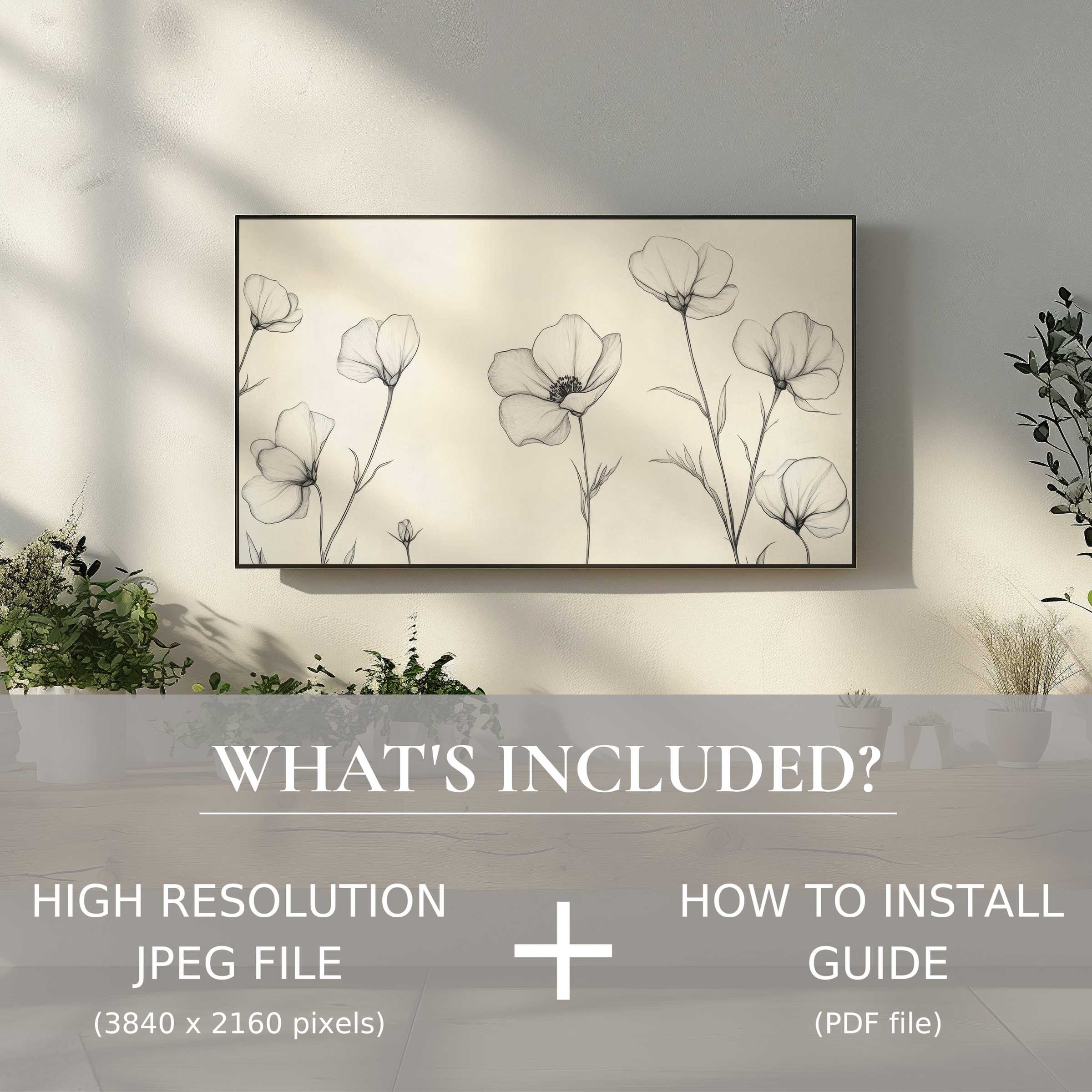 Elegant minimalist digital TV art download with easy use, enhancing living spaces with delicate floral design and style