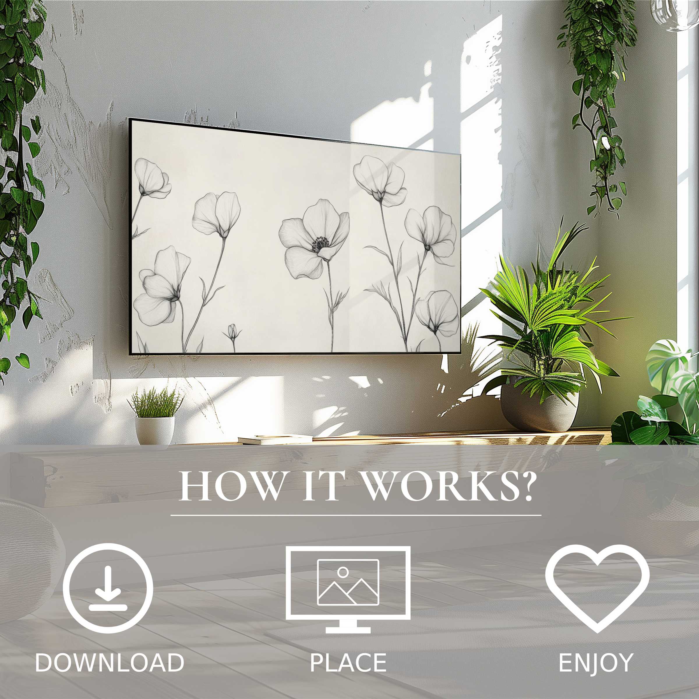 Minimalist art for Samsung TV shows delicate grayscale floral lines; easy digital download enriches modern living spaces