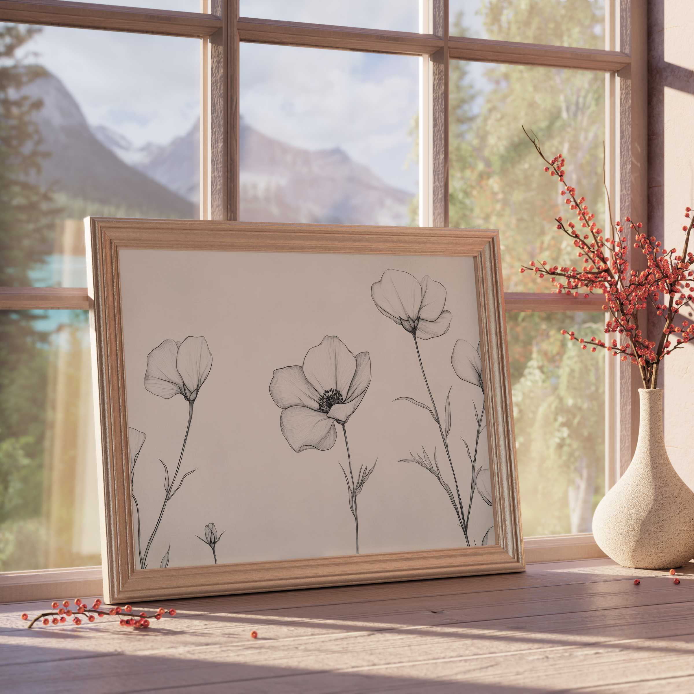 Minimalist downloadable art featuring delicate floral linework, perfect for serene, curated interiors with natural light