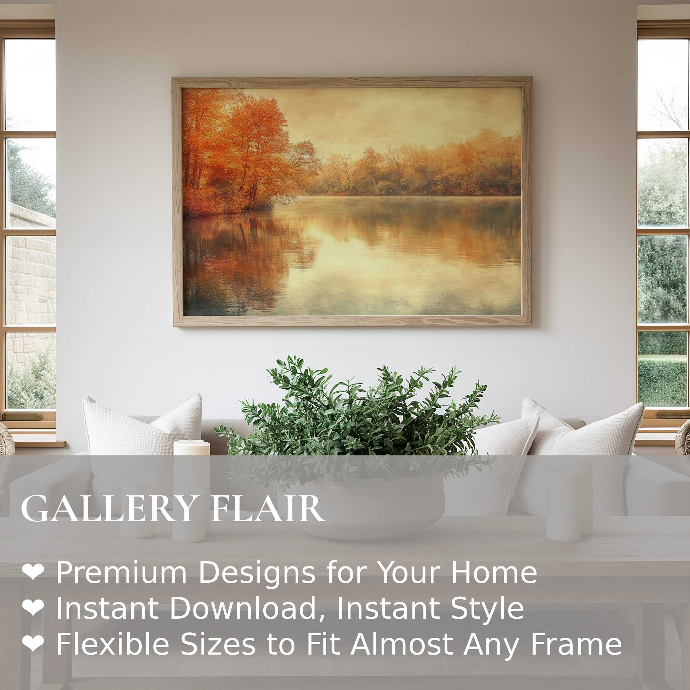 Fall wall art print showcasing a radiant autumn lakeside scene in warm tones, enriching modern minimal interiors with serene elegance
