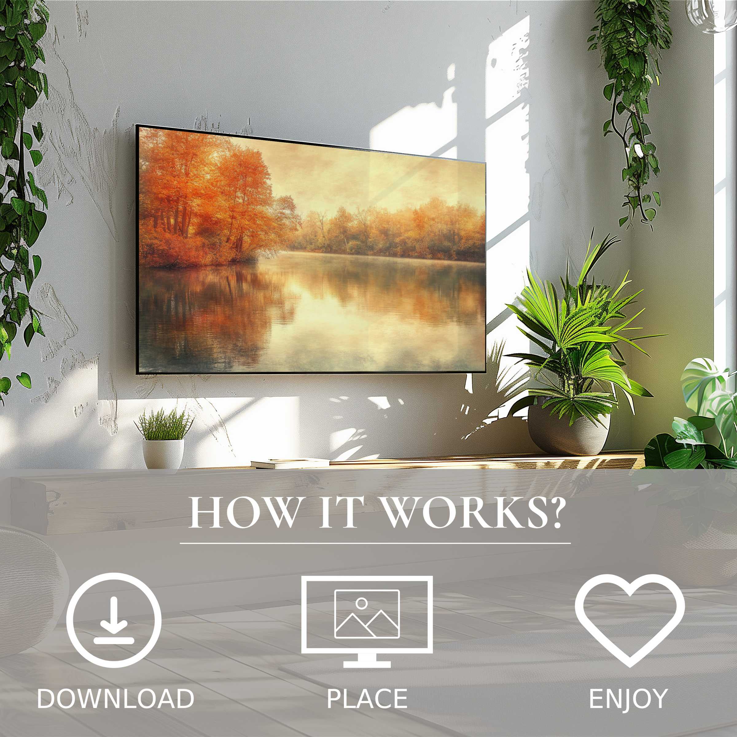Fall art for Samsung TV shows warm orange and brown tones in a serene lake scene, easy digital download enriches space