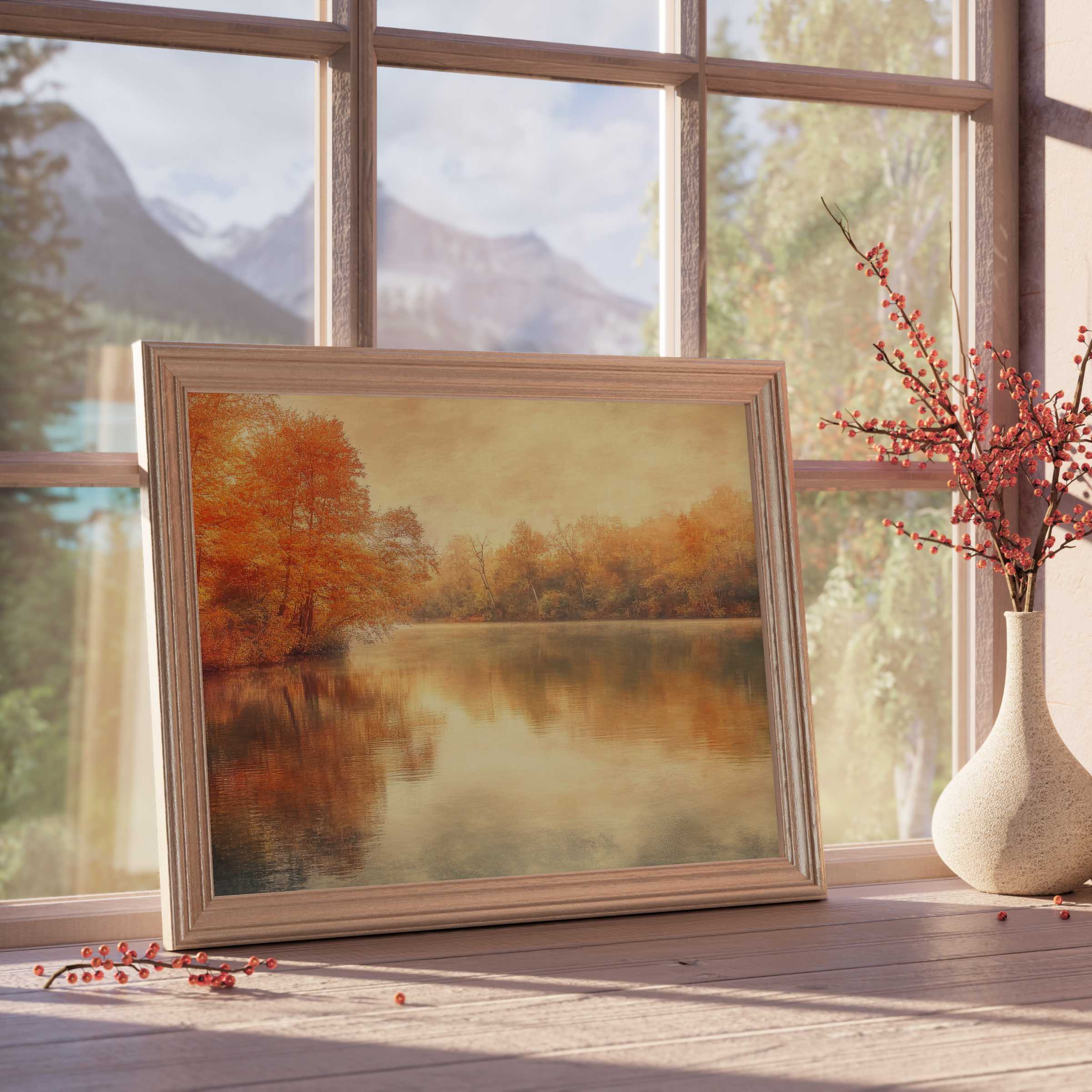 Fall downloadable art capturing serene autumnal lake reflections in warm amber hues, perfect for elegant, tranquil living spaces