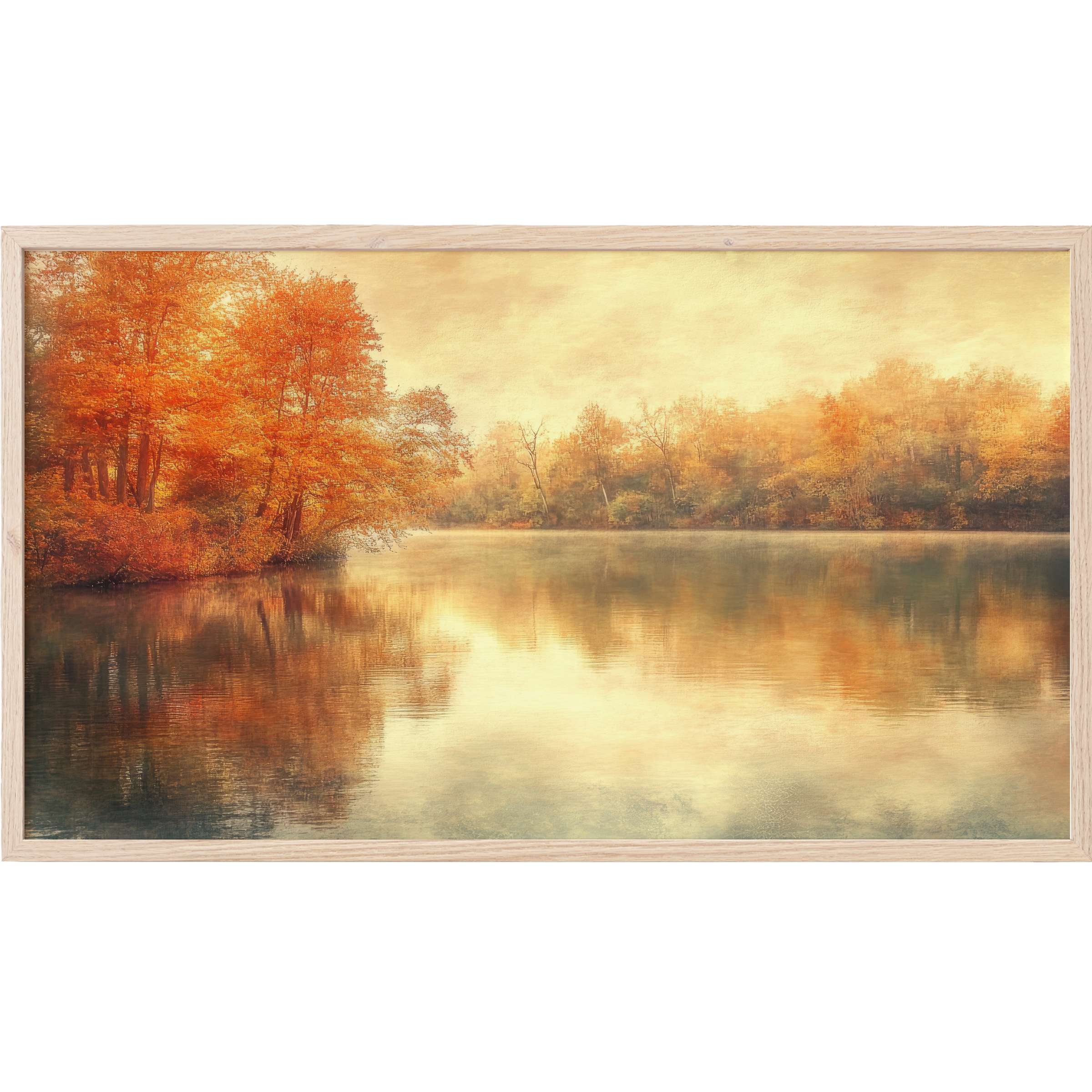 Fall Frame TV Art showcases a serene lake with vibrant orange autumn trees reflected in soft, muted golden light