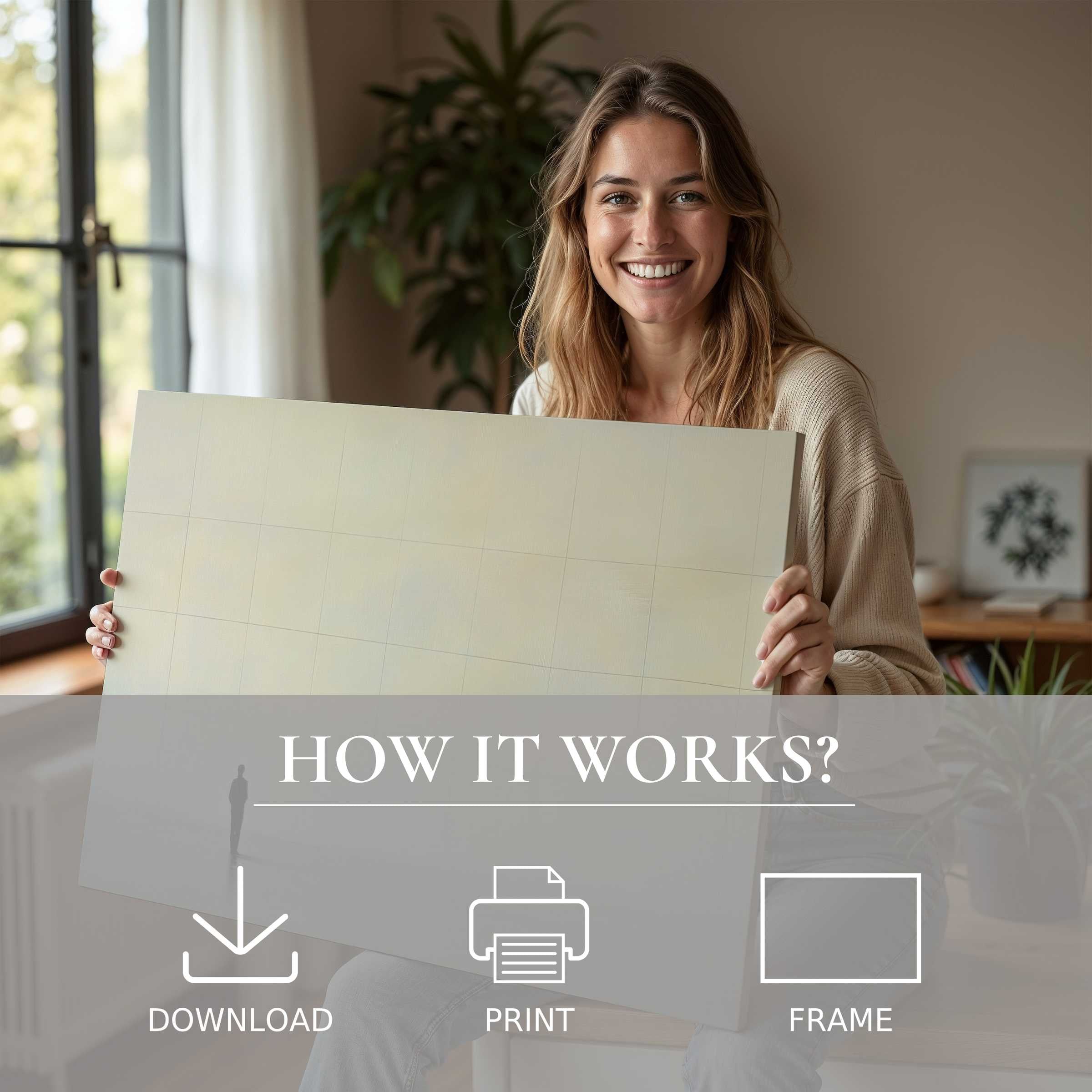 Serene woman joyfully embracing a neutral digital art print in a chic modern home, embodying the ease of living with art