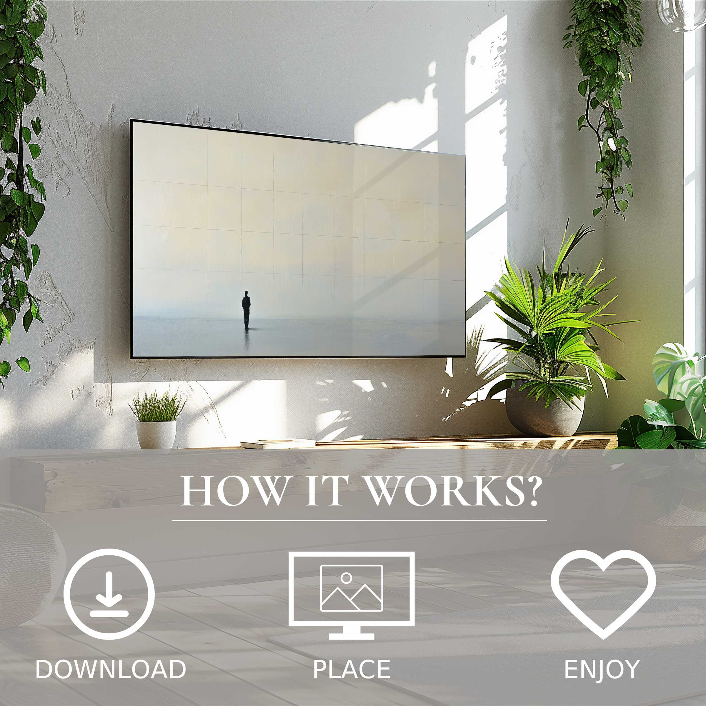 Neutral art for Samsung TV showing a lone figure in soft sunset tones, easy digital download enriches modern living
