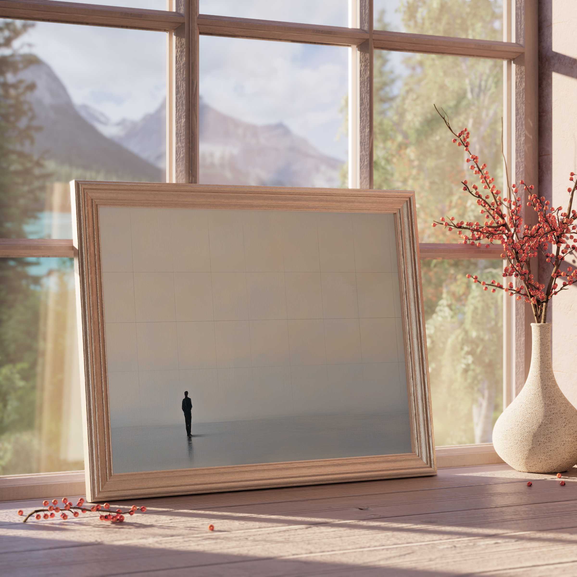 Serene neutral downloadable art capturing minimalist solitude, perfect for elegant, tranquil interiors and calming modern decor