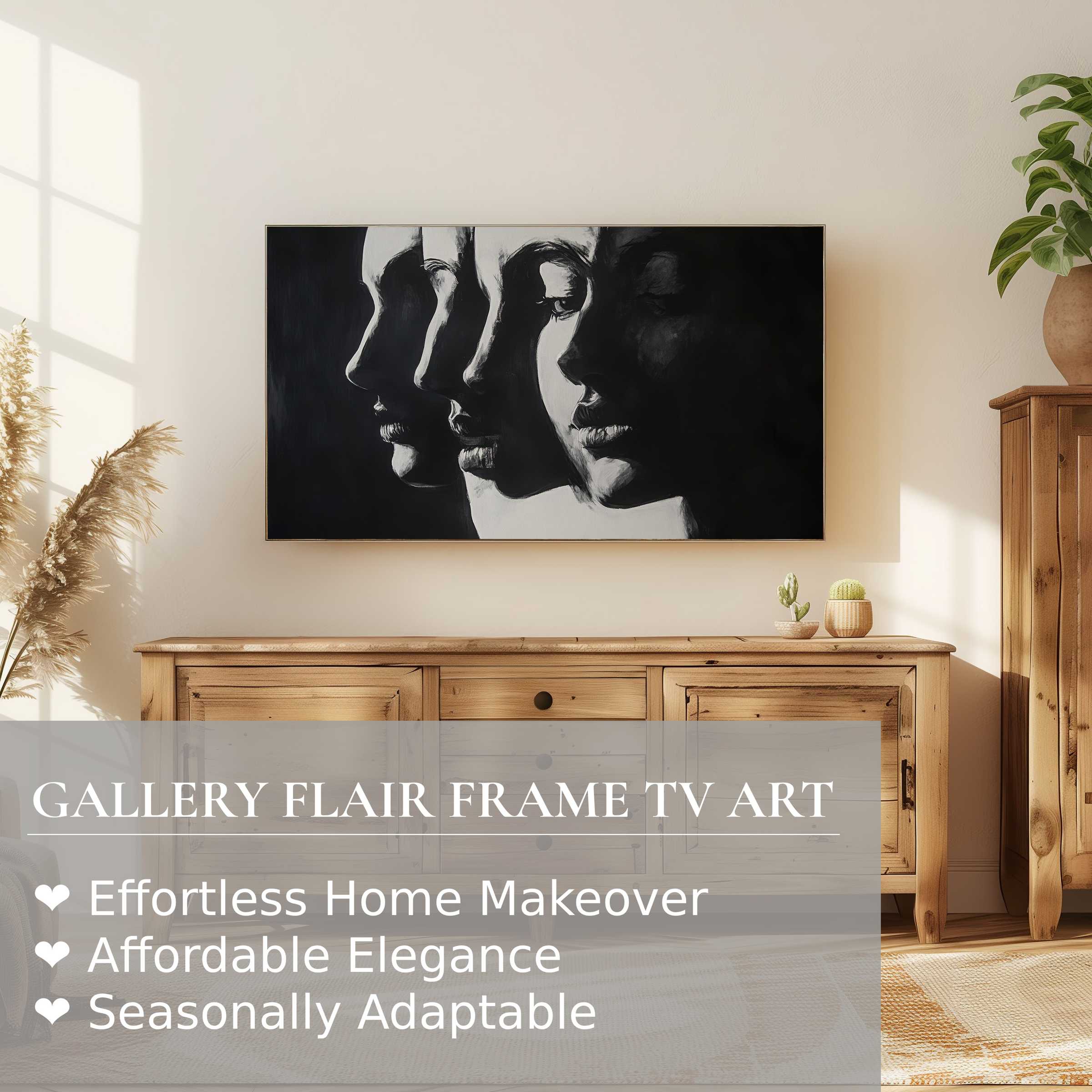 Samsung Frame TV displays black and white digital artwork of layered female profiles in a chic, modern setting