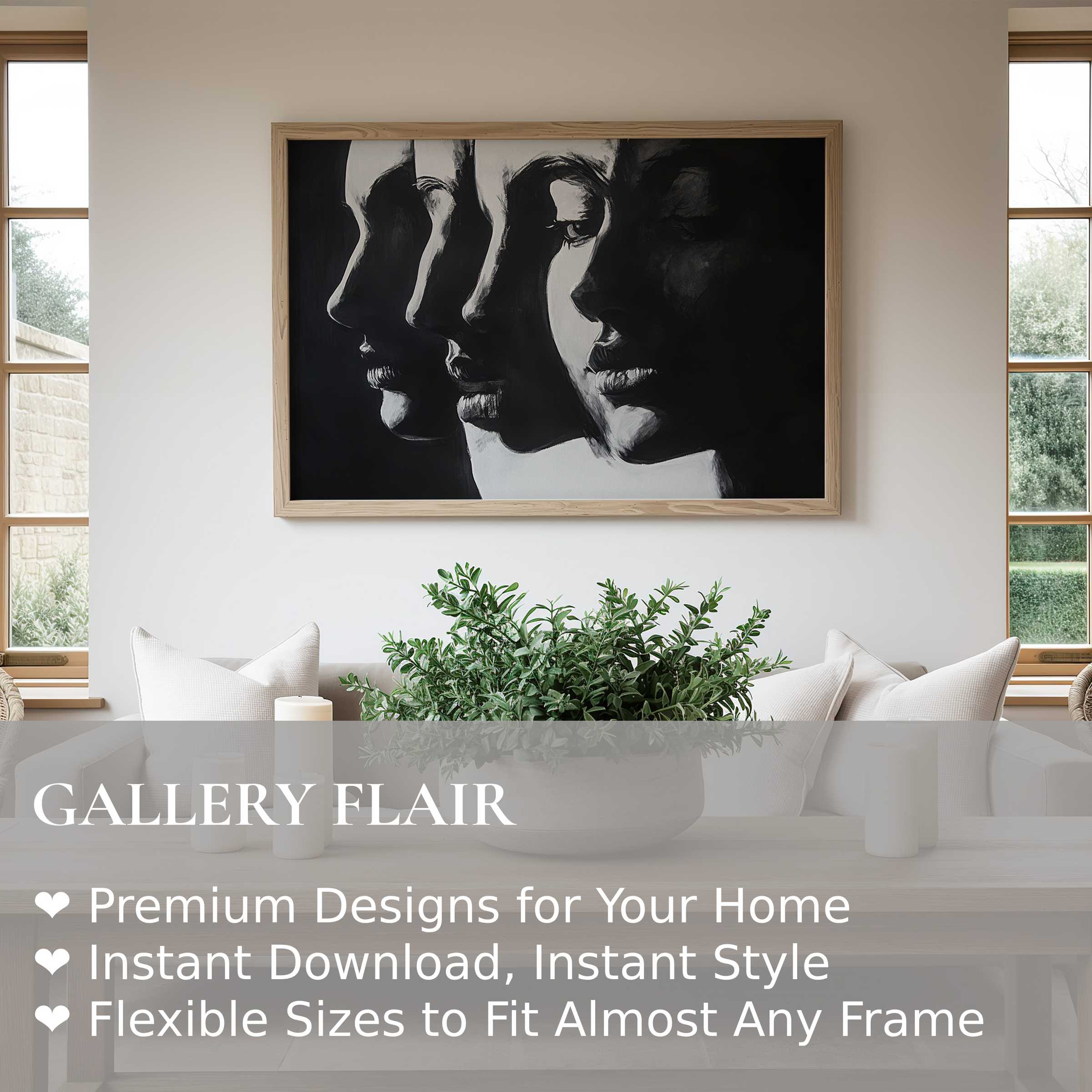Black and white wall art print featuring layered female profiles in bold contrast, enriching a modern minimal living room with striking elegance
