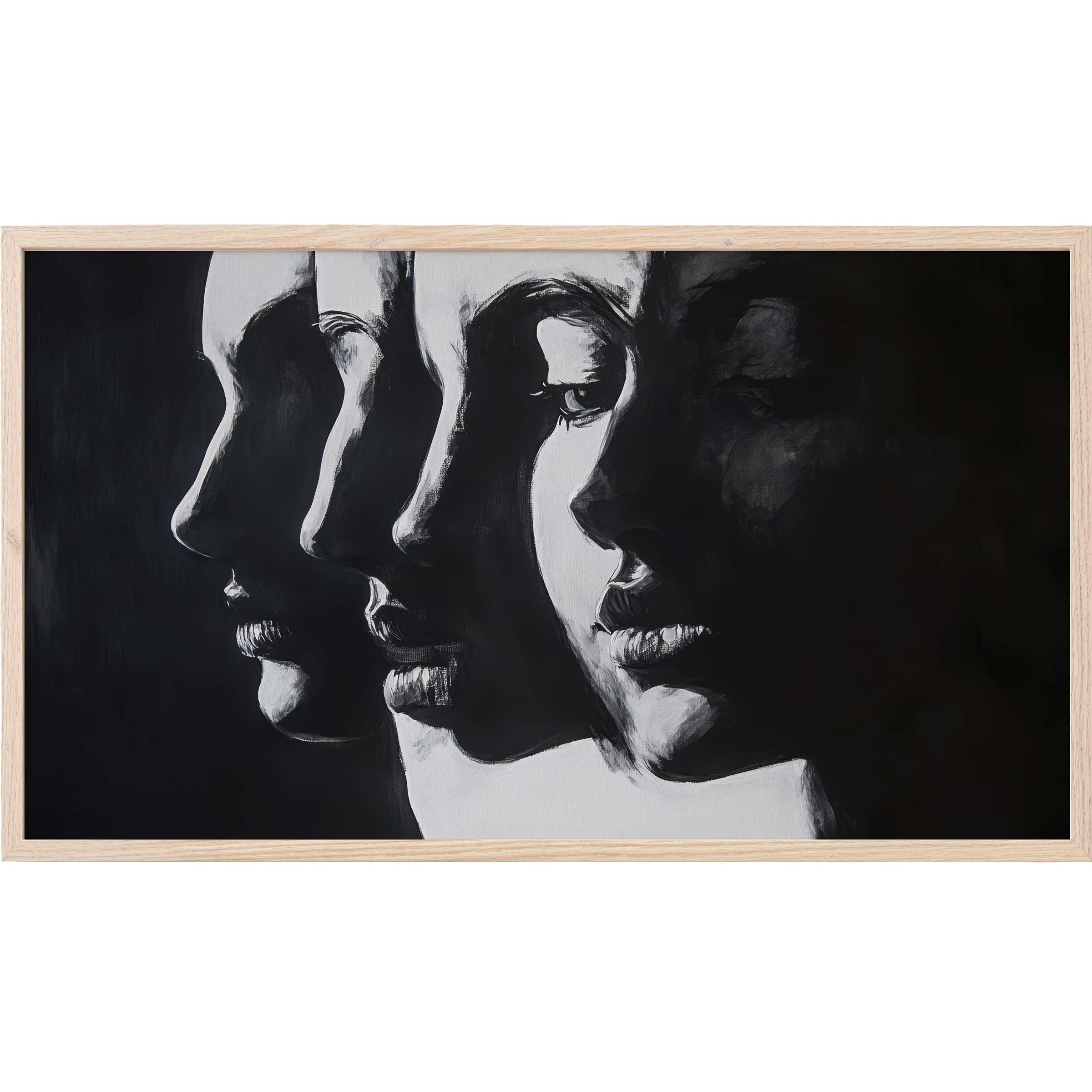 Elegant black and white Frame TV Art showing four overlapping female profiles in a striking modern chiaroscuro style