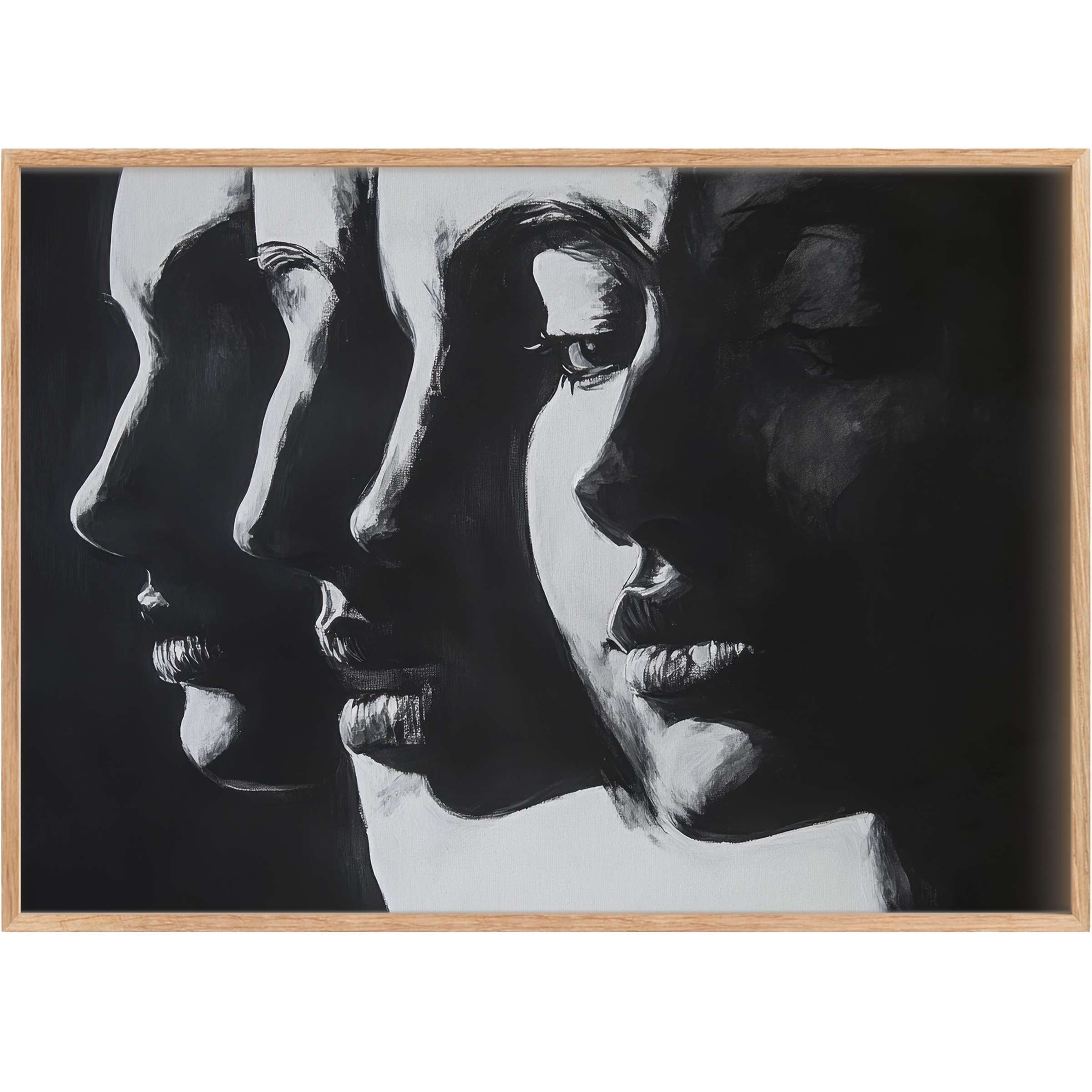 Black and white printable wall art featuring layered female profiles, evoking a bold, introspective, and sophisticated mood