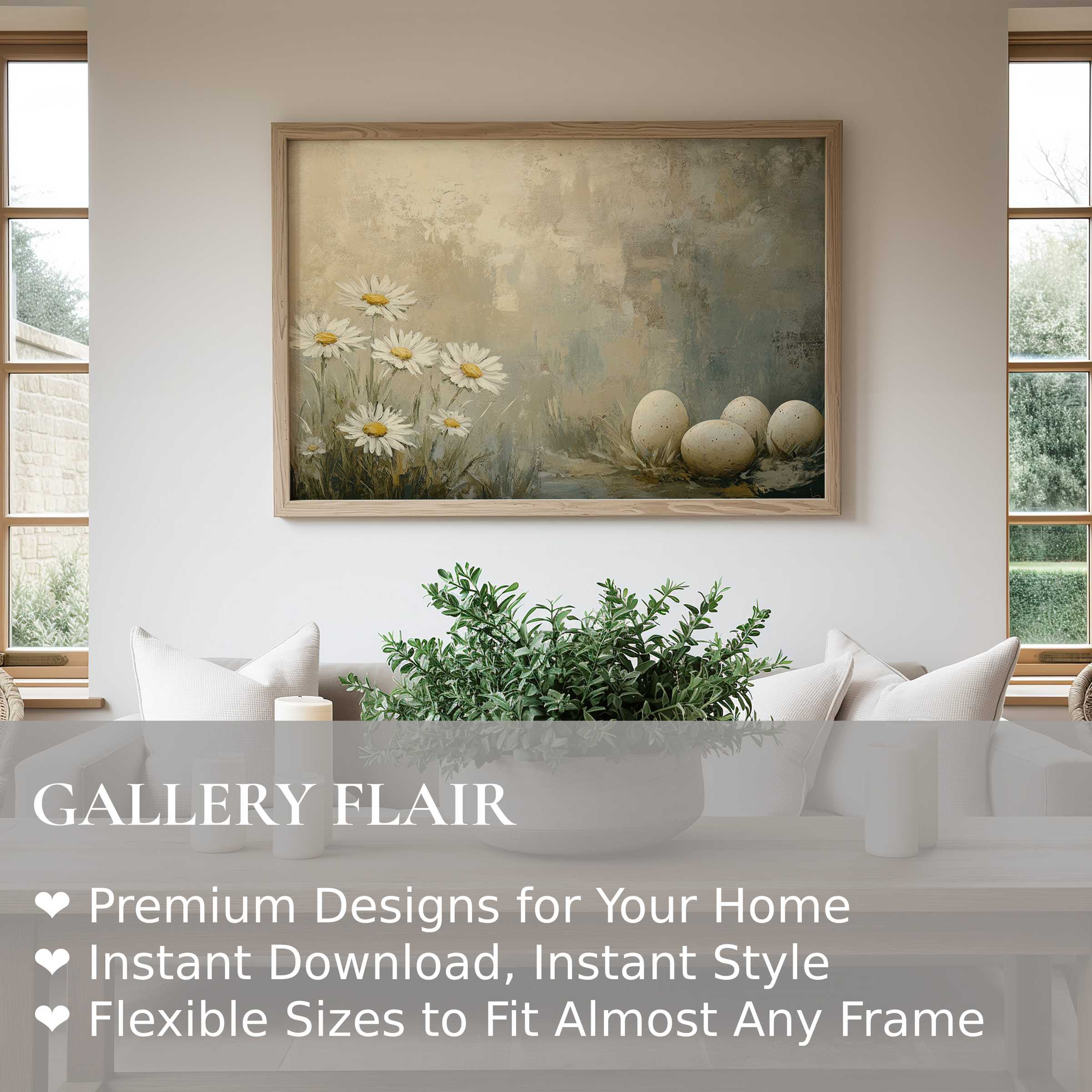 Easter wall art print featuring soft daisies and speckled eggs in a muted palette, elevating serene, modern farmhouse interiors