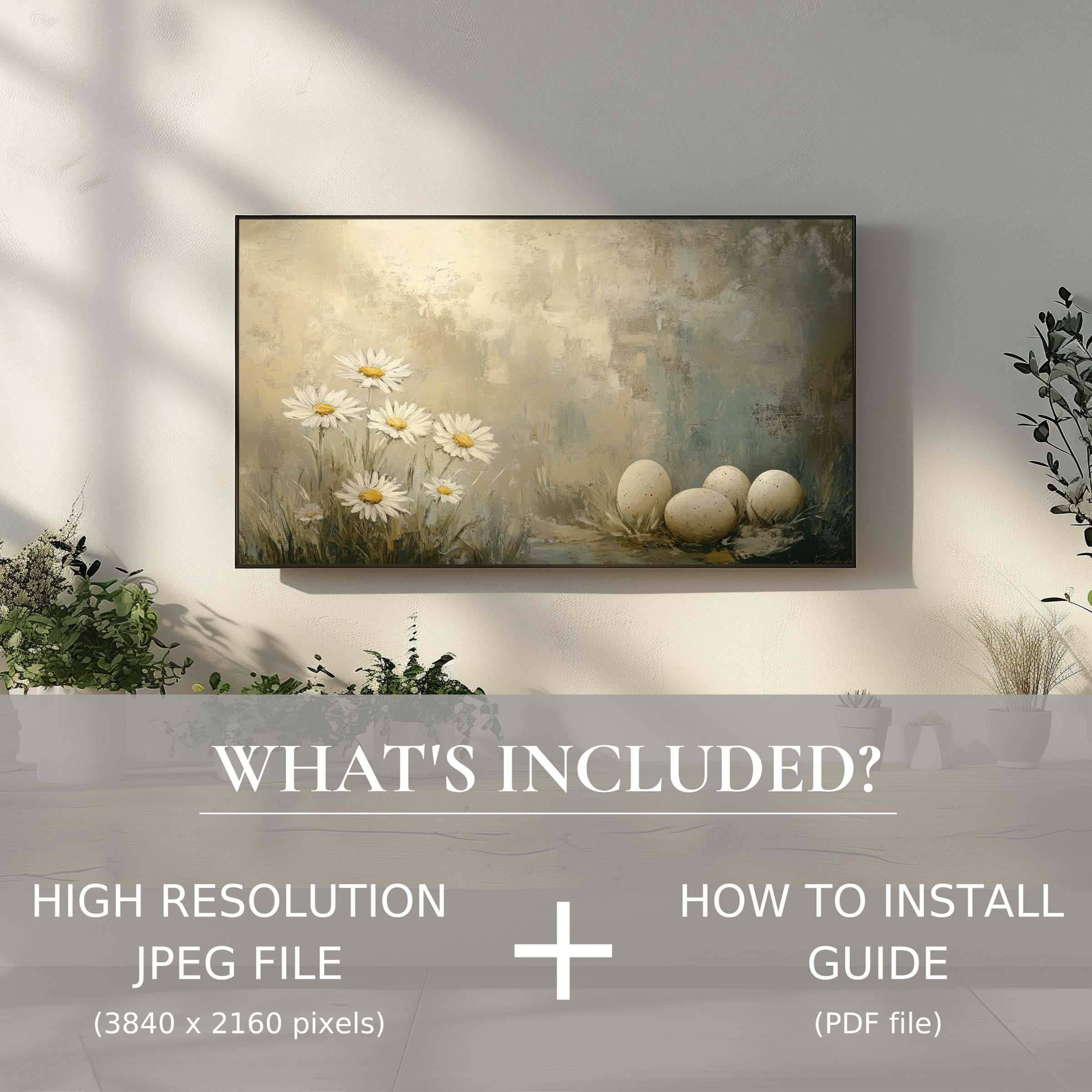 Elegant living room with easter digital TV art download, easy-to-use files enhancing your modern decor space
