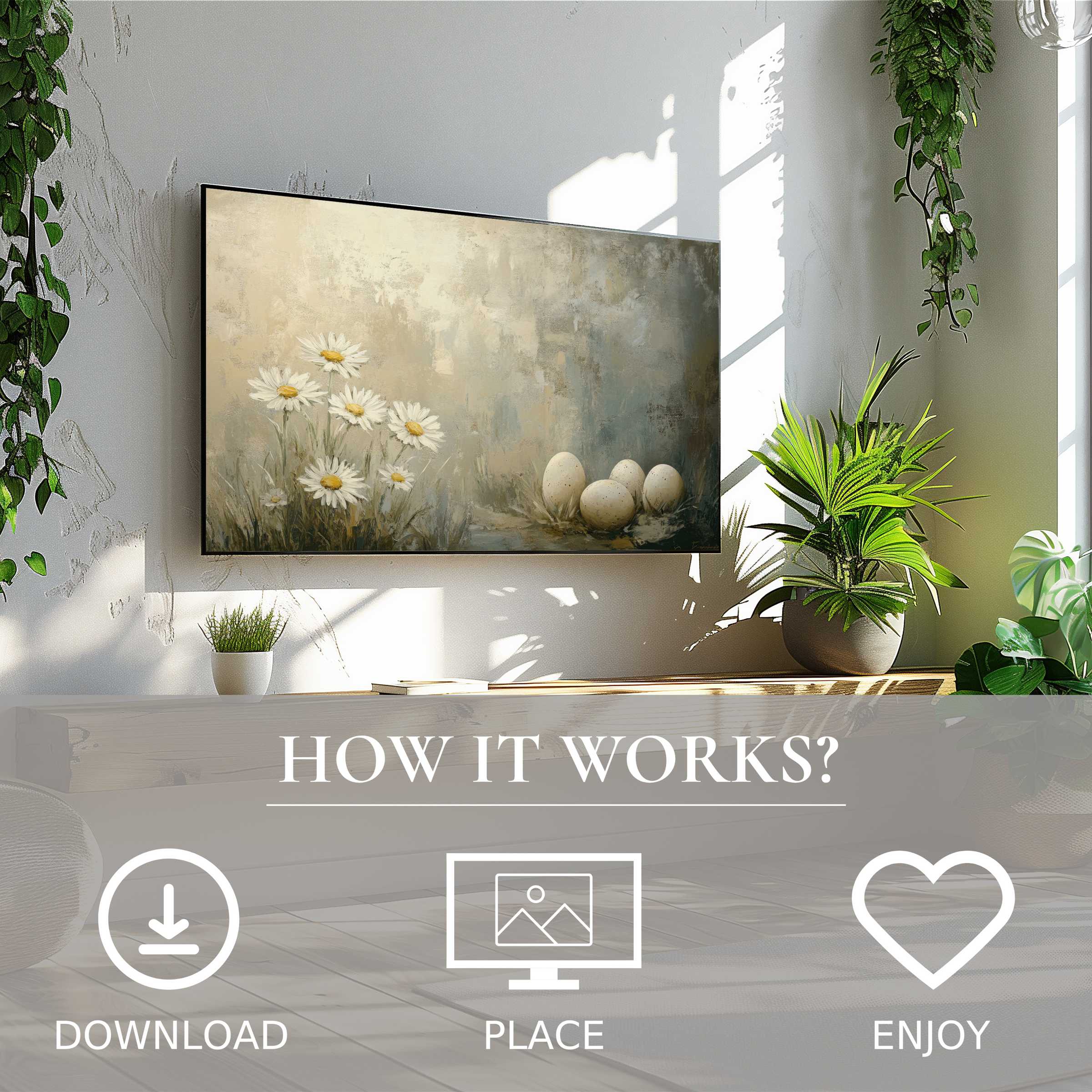 Modern living room with easter art for Samsung TV, featuring soft pastel eggs and daisy motif, easy digital download