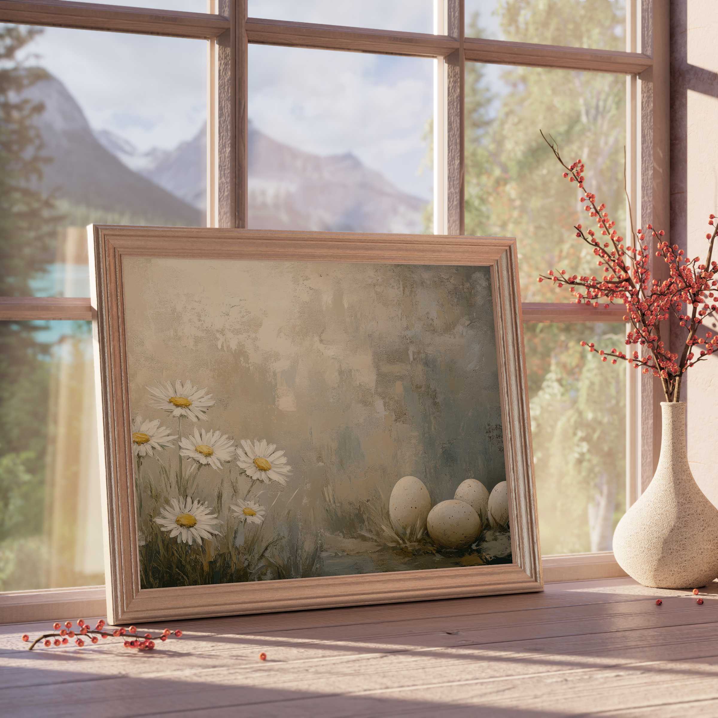 Easter downloadable art featuring serene daisies and speckled eggs, enriching tranquil, design-forward interiors with timeless elegance