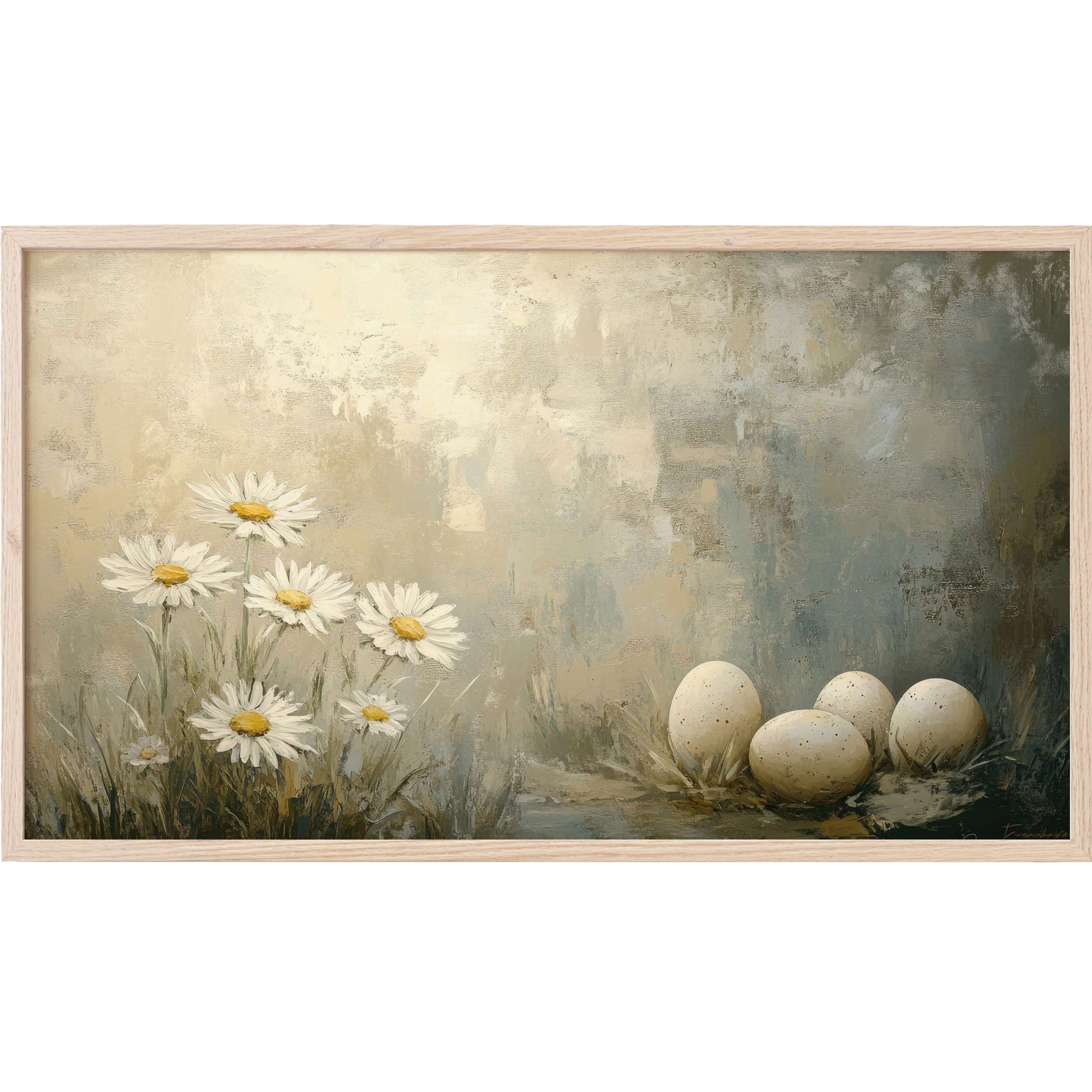 Muted tones of cream and gray with daisies and rustic eggs create a serene easter Frame TV Art for modern decor