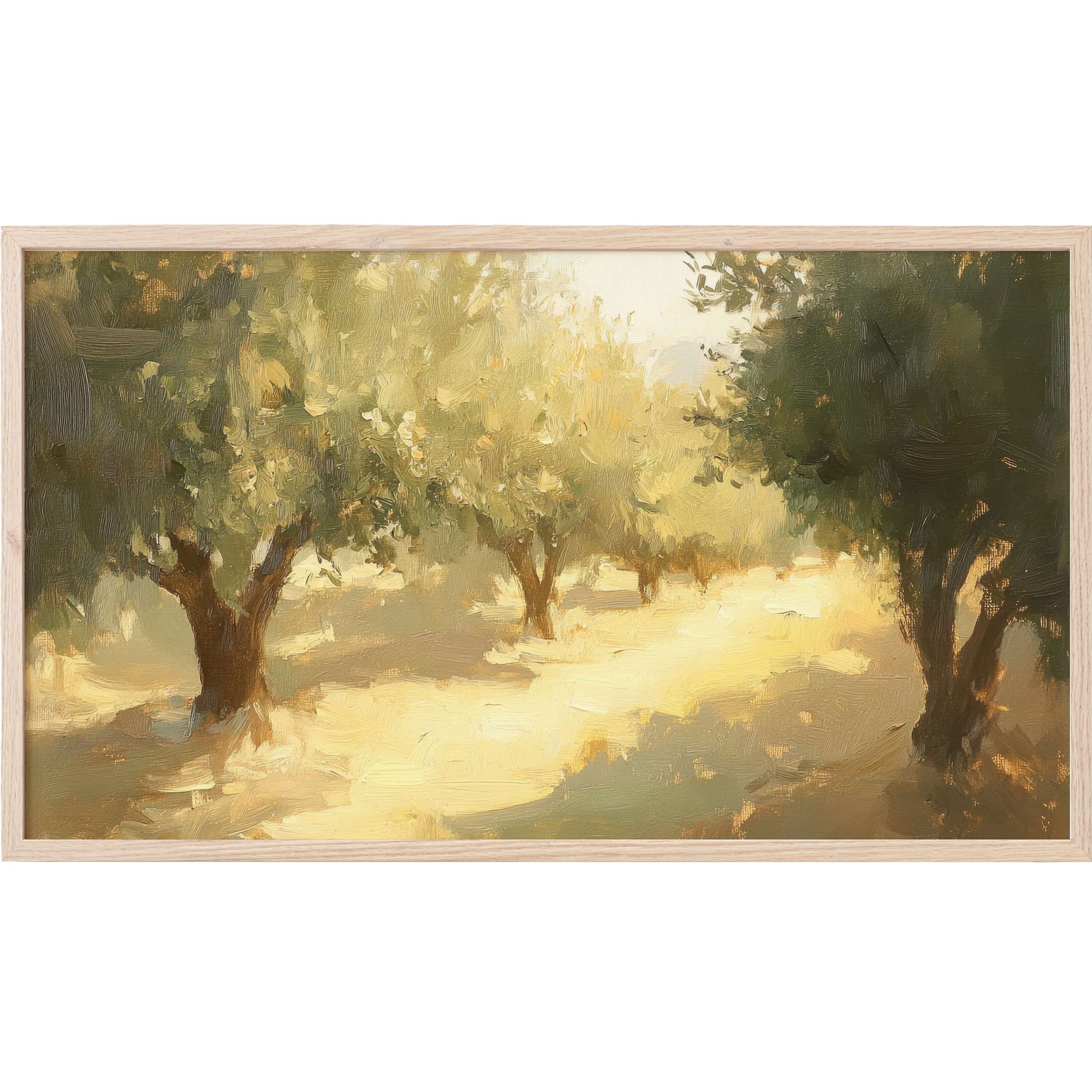 Soft impressionist olive trees bathed in warm golden light, evoking tranquility in this tree Frame TV Art
