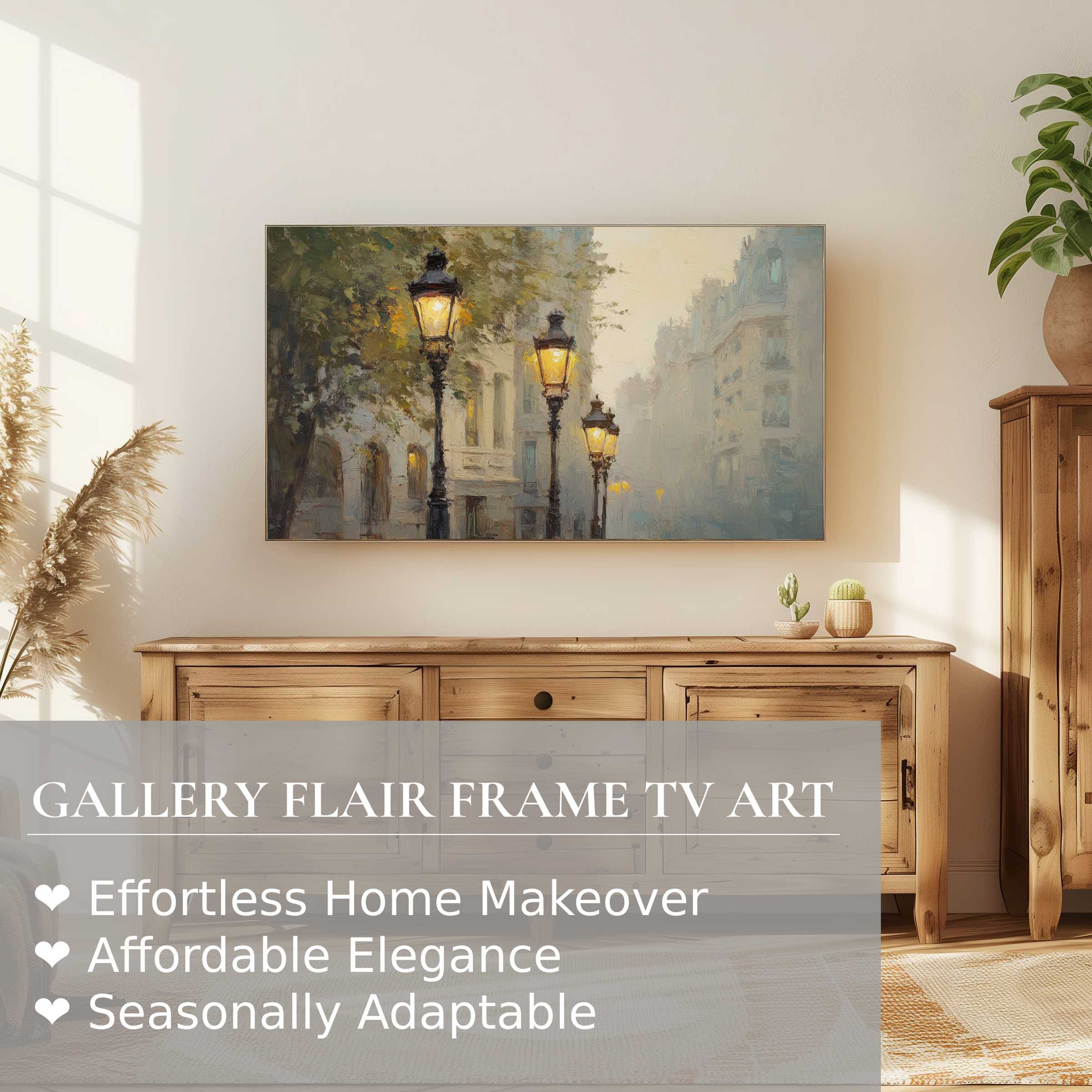 Samsung Frame TV displaying elegant urban digital artwork of misty street lamps, perfect for refined home decor
