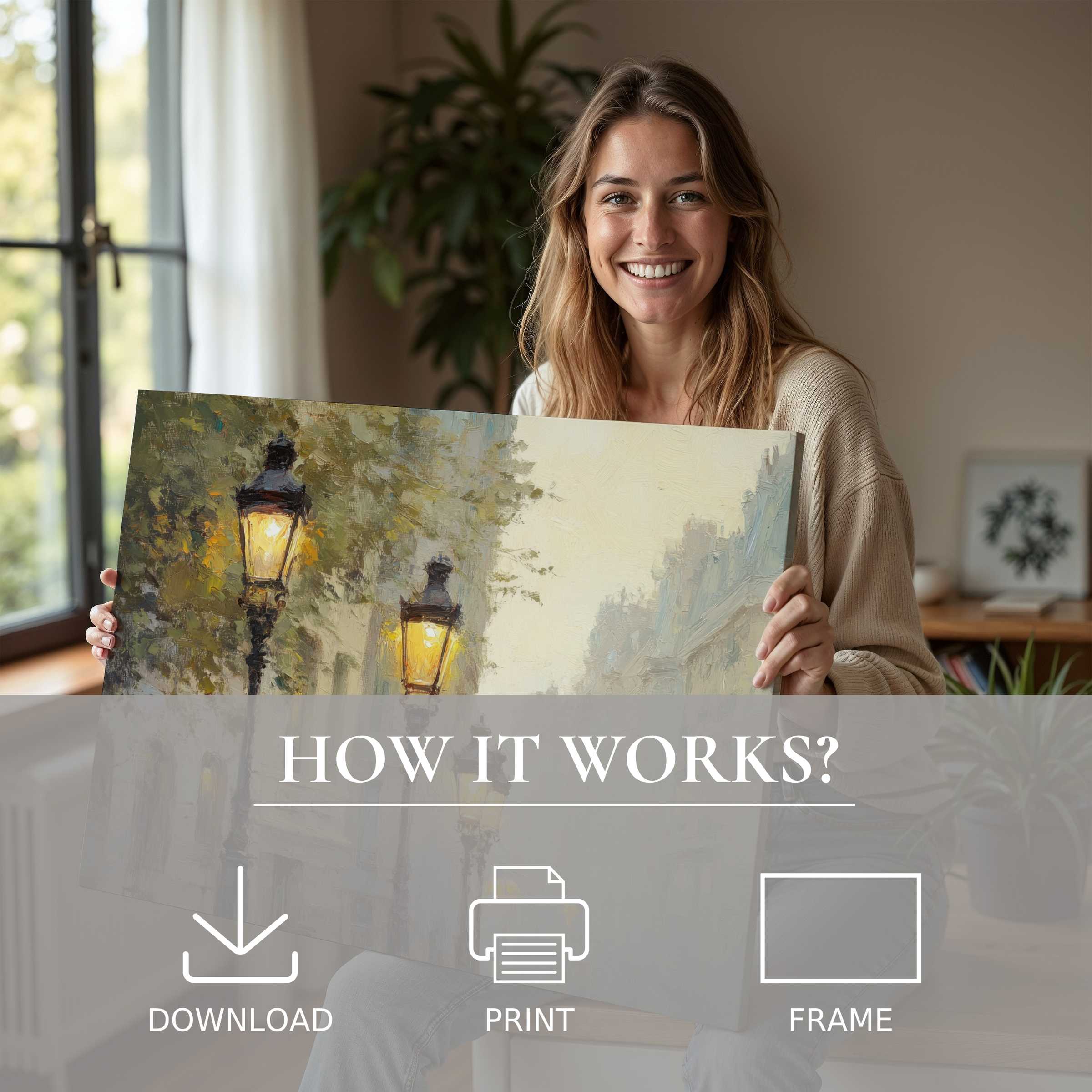 Radiant woman in a serene modern home, embracing the warmth and joy of an urban digital art print’s timeless elegance