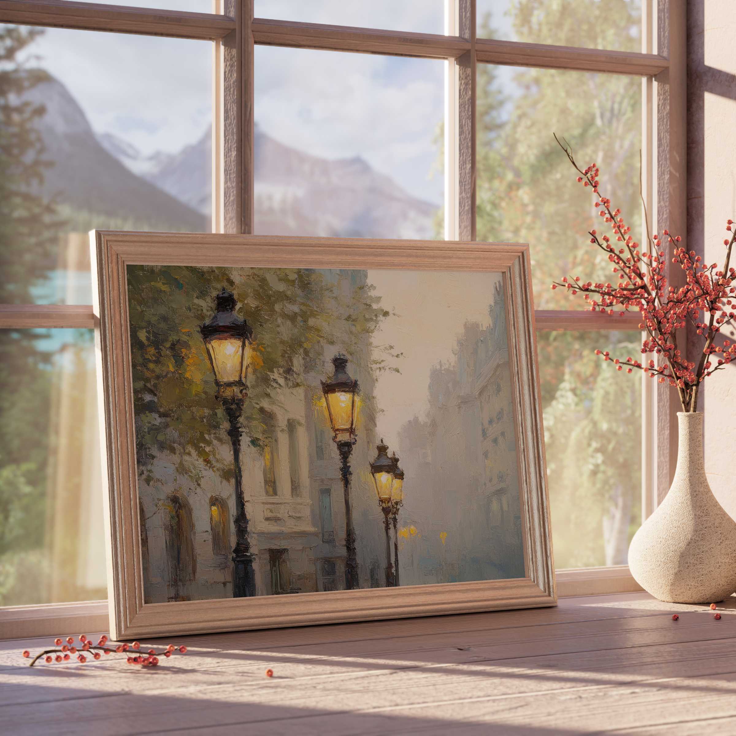 Urban downloadable art capturing serene city streets with glowing vintage lamps, enriching tranquil, design-forward interiors with timeless elegance
