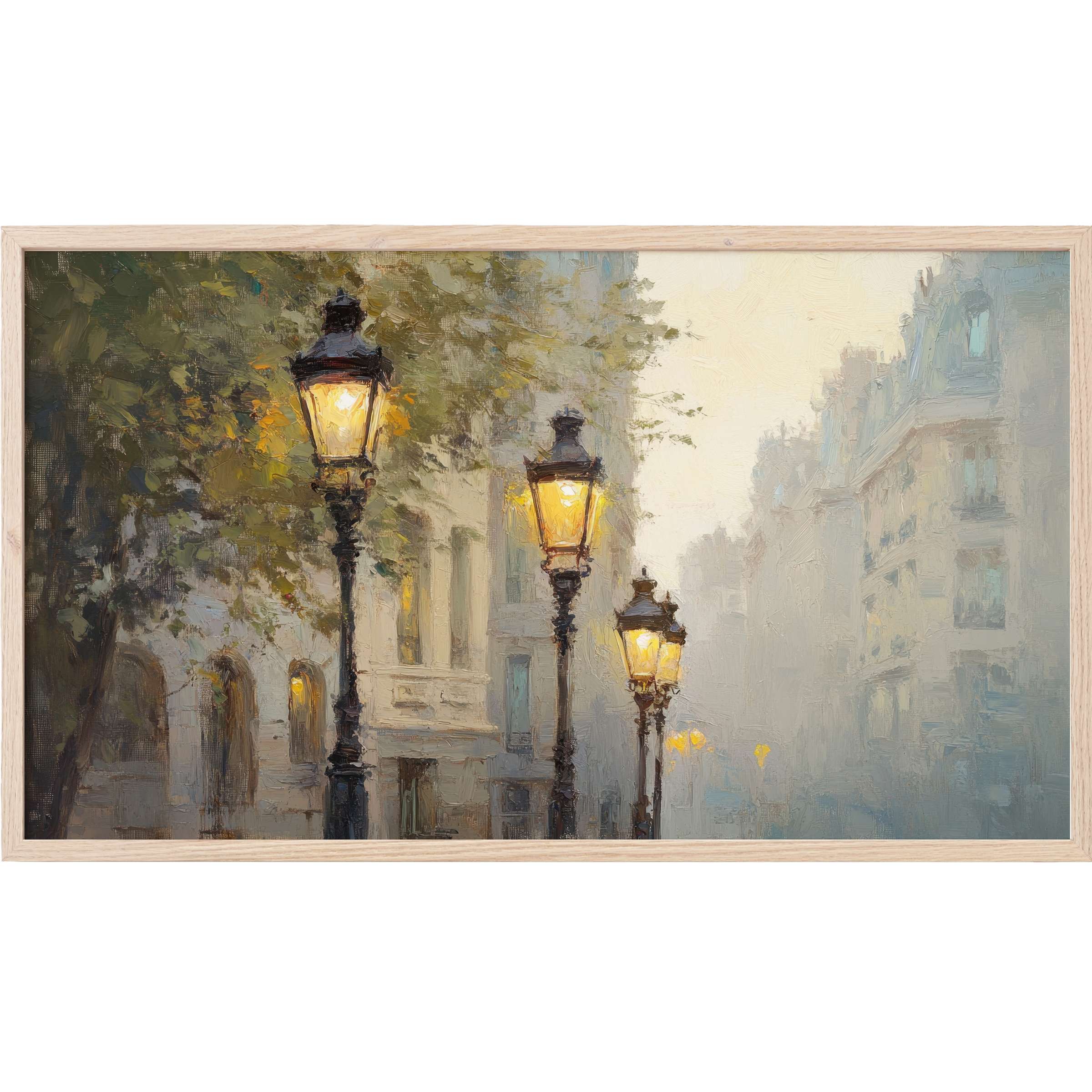 Urban street lamps glowing softly in muted greys and warm yellows, elegant urban Frame TV Art