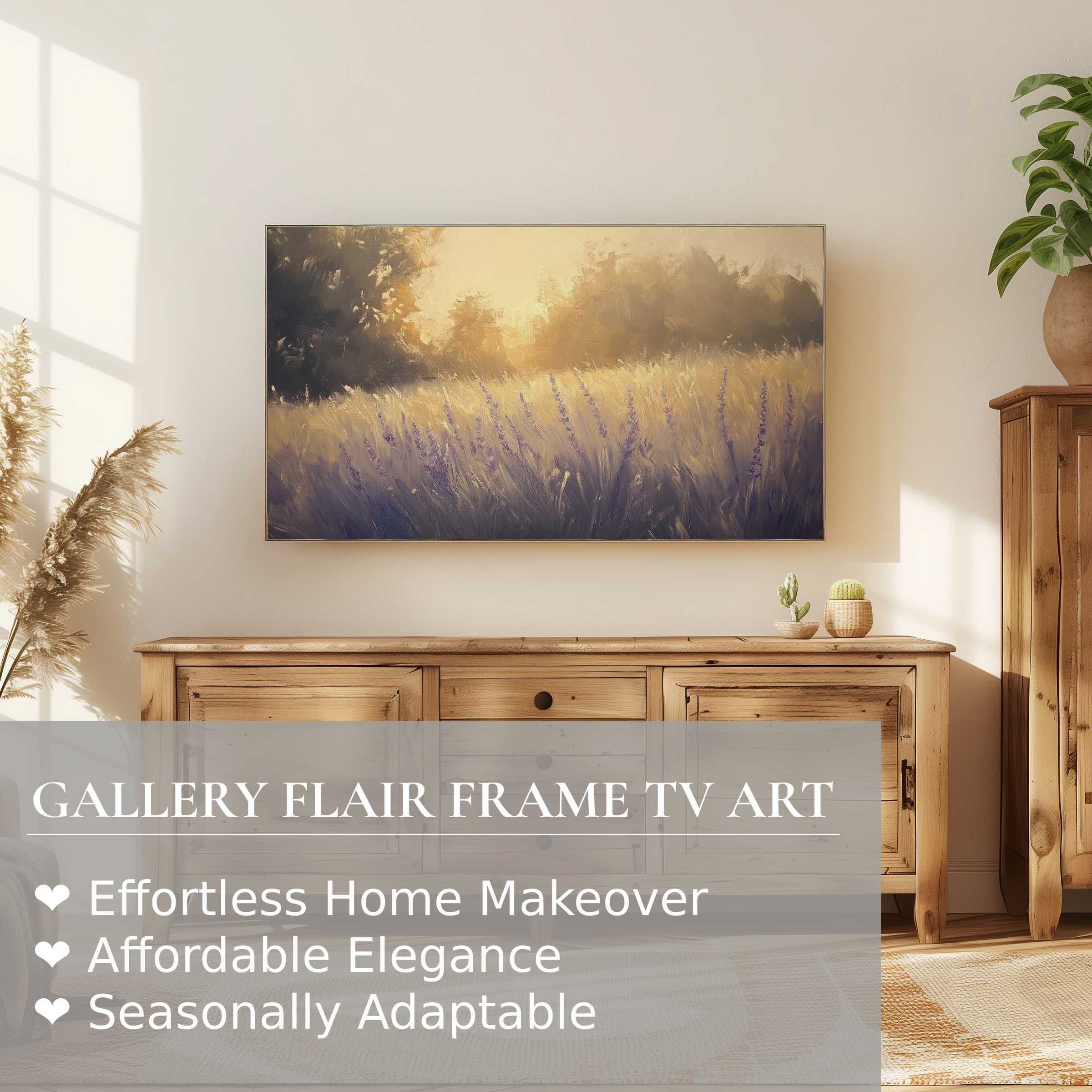 Elegant summer digital artwork on Samsung Frame TV, showcasing a serene field bathed in warm light