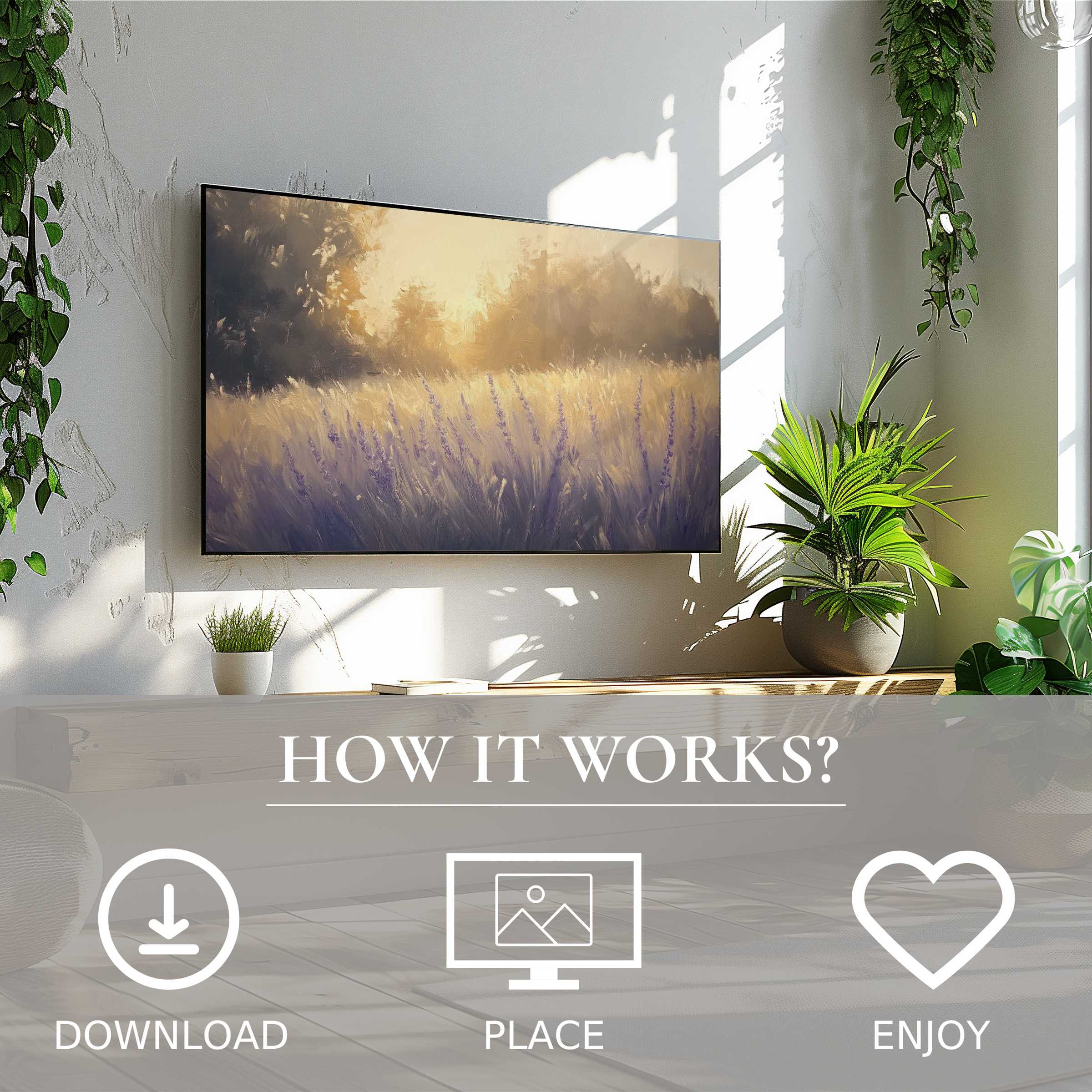 Modern summer art for Samsung TV showing soft sunset tones over a lavender field, easy digital download enriches space