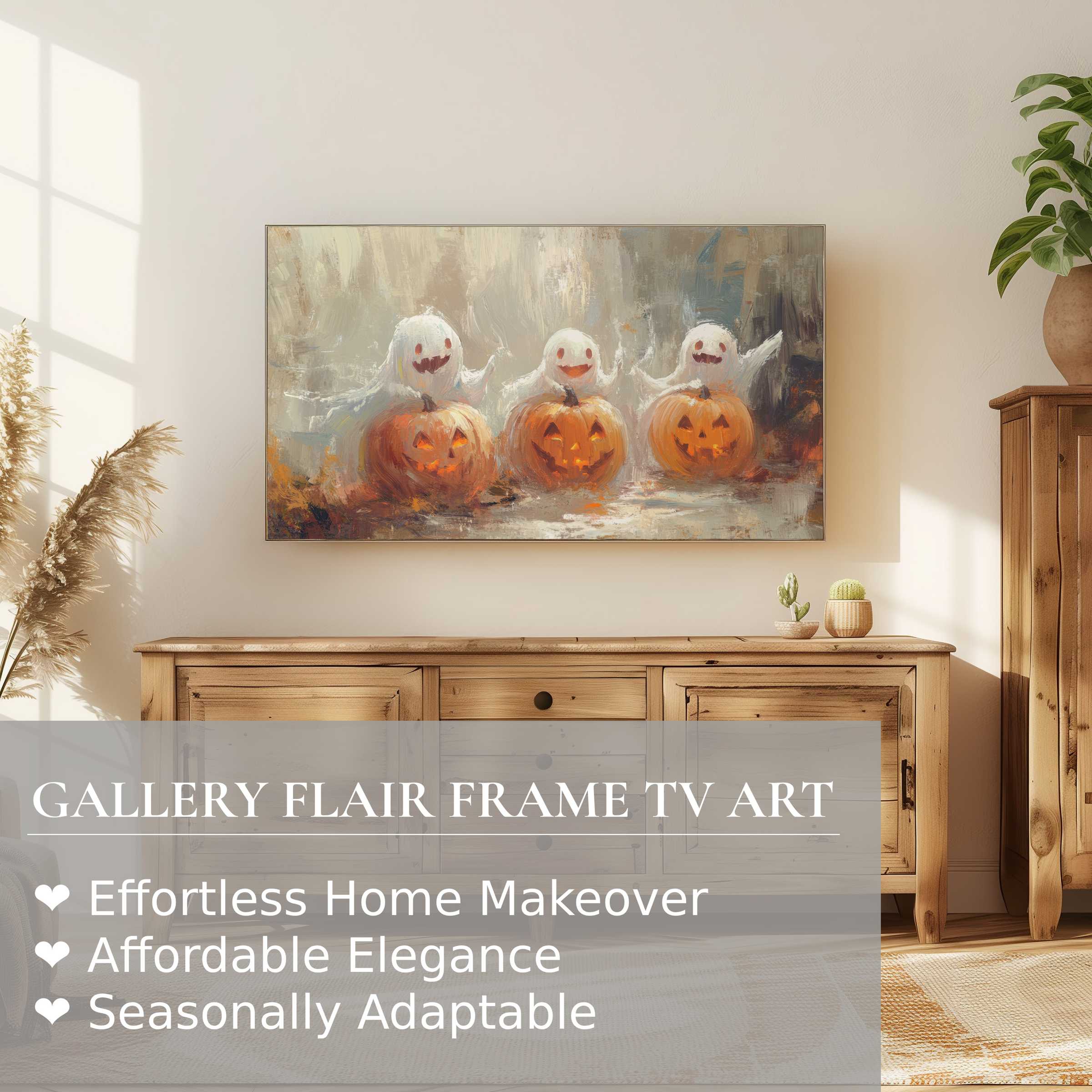 Samsung Frame TV displays elegant halloween digital artwork with charming ghosts and pumpkins in warm, modern home decor