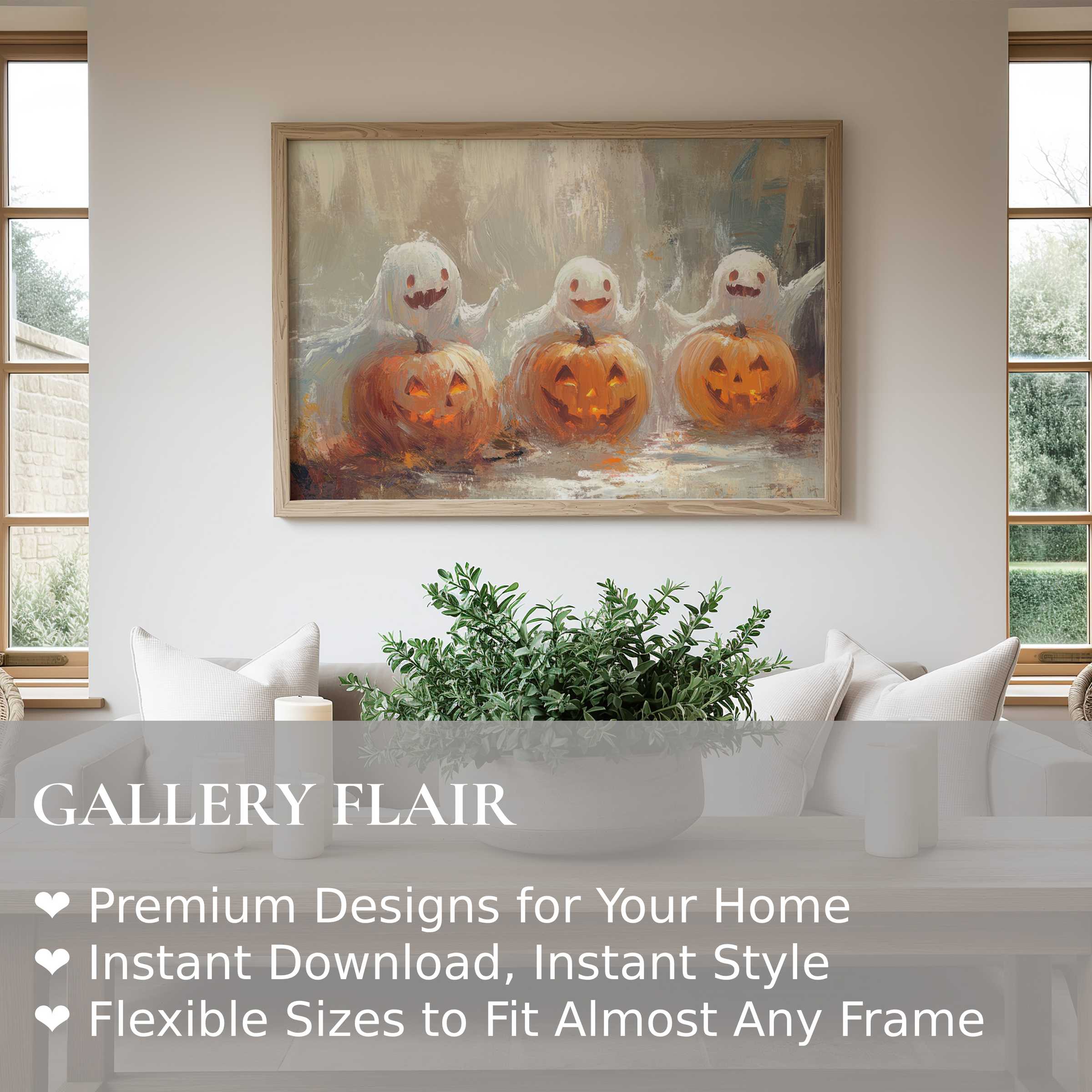 Whimsical halloween wall art print featuring glowing jack-o’-lanterns and playful ghosts, enriching modern minimalist interiors with warm festive charm