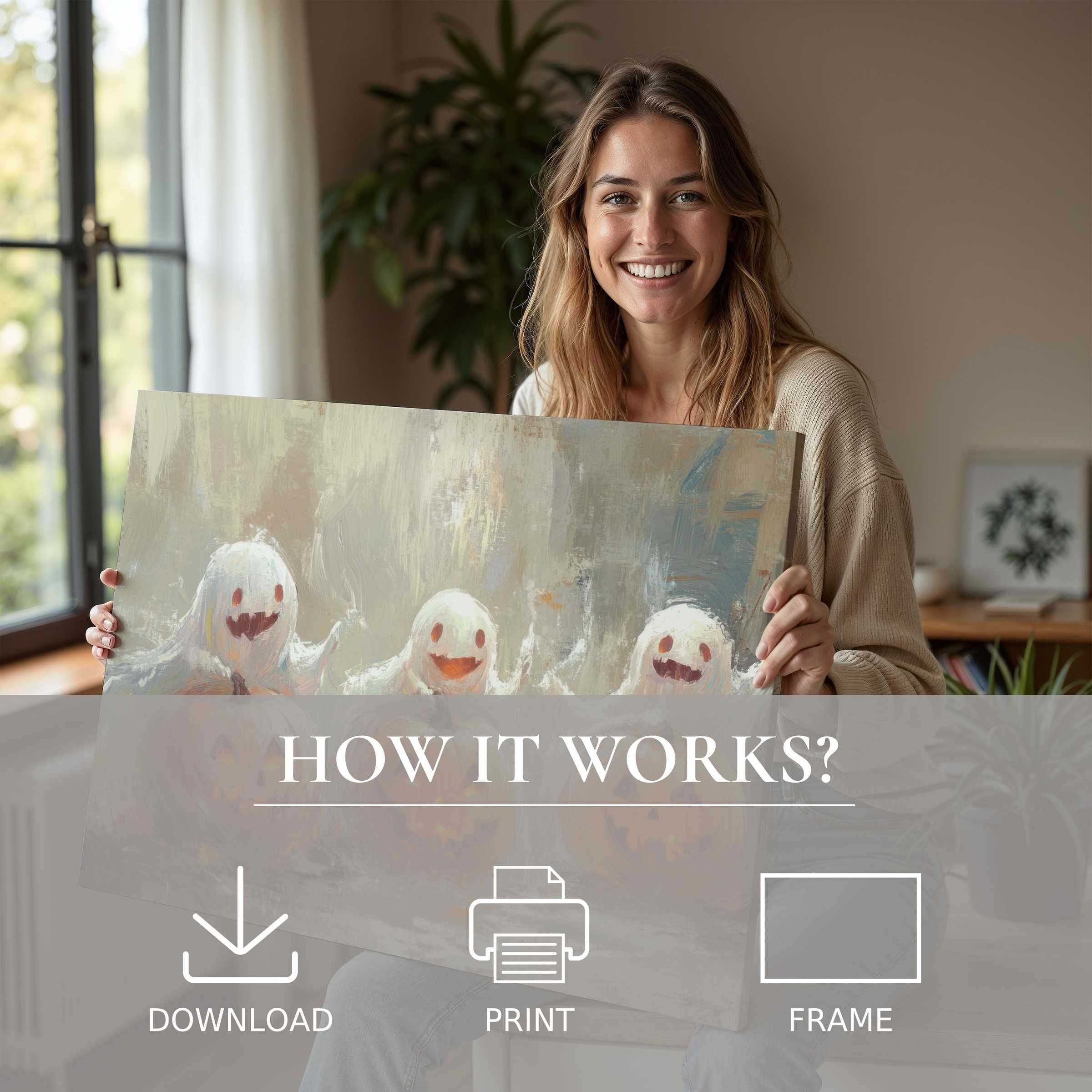 Joyful woman in modern home shares a serene moment with a warm-toned halloween digital art print, transforming her space