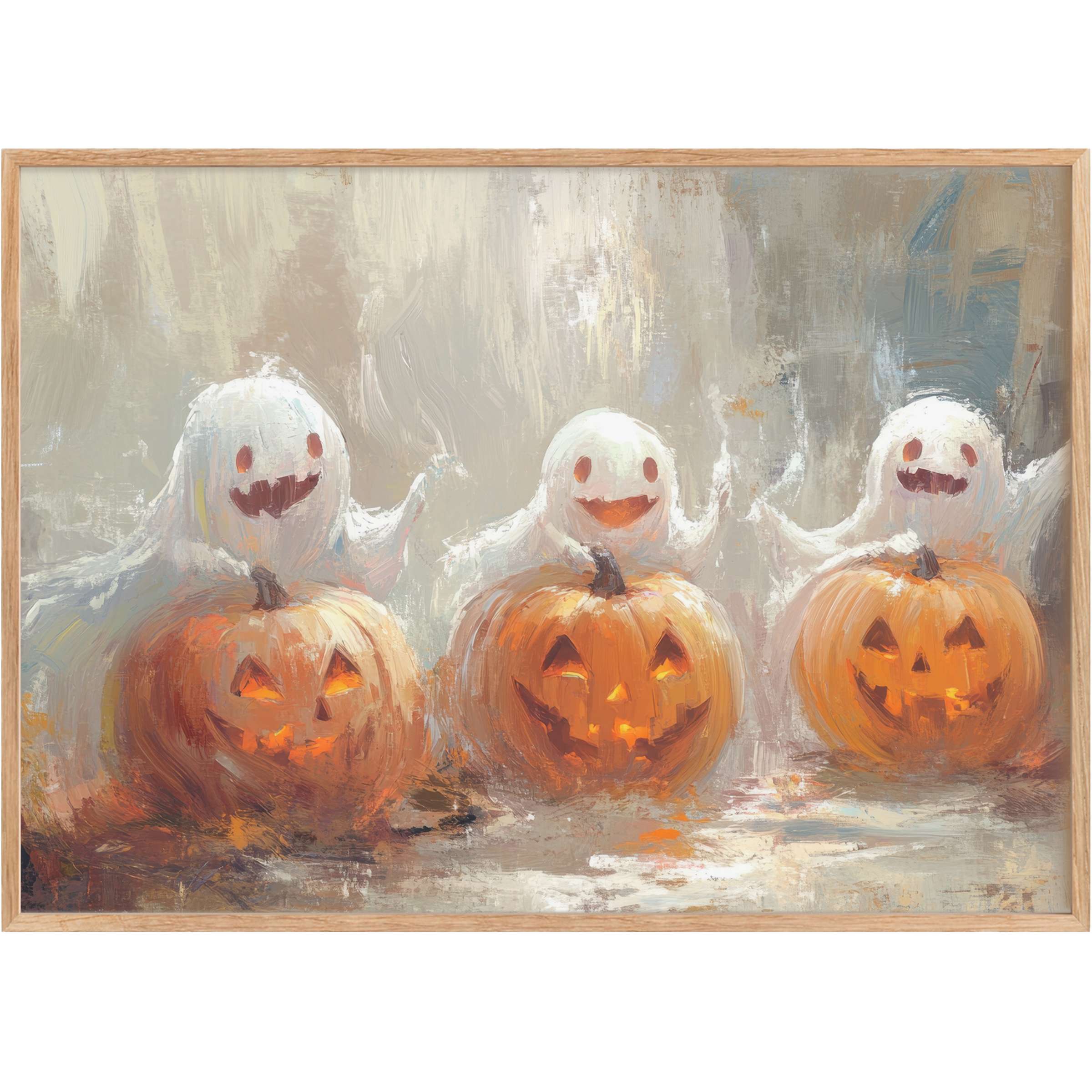 Whimsical halloween printable wall art featuring glowing pumpkins and cheerful ghosts, evoking a warm, playful autumn charm