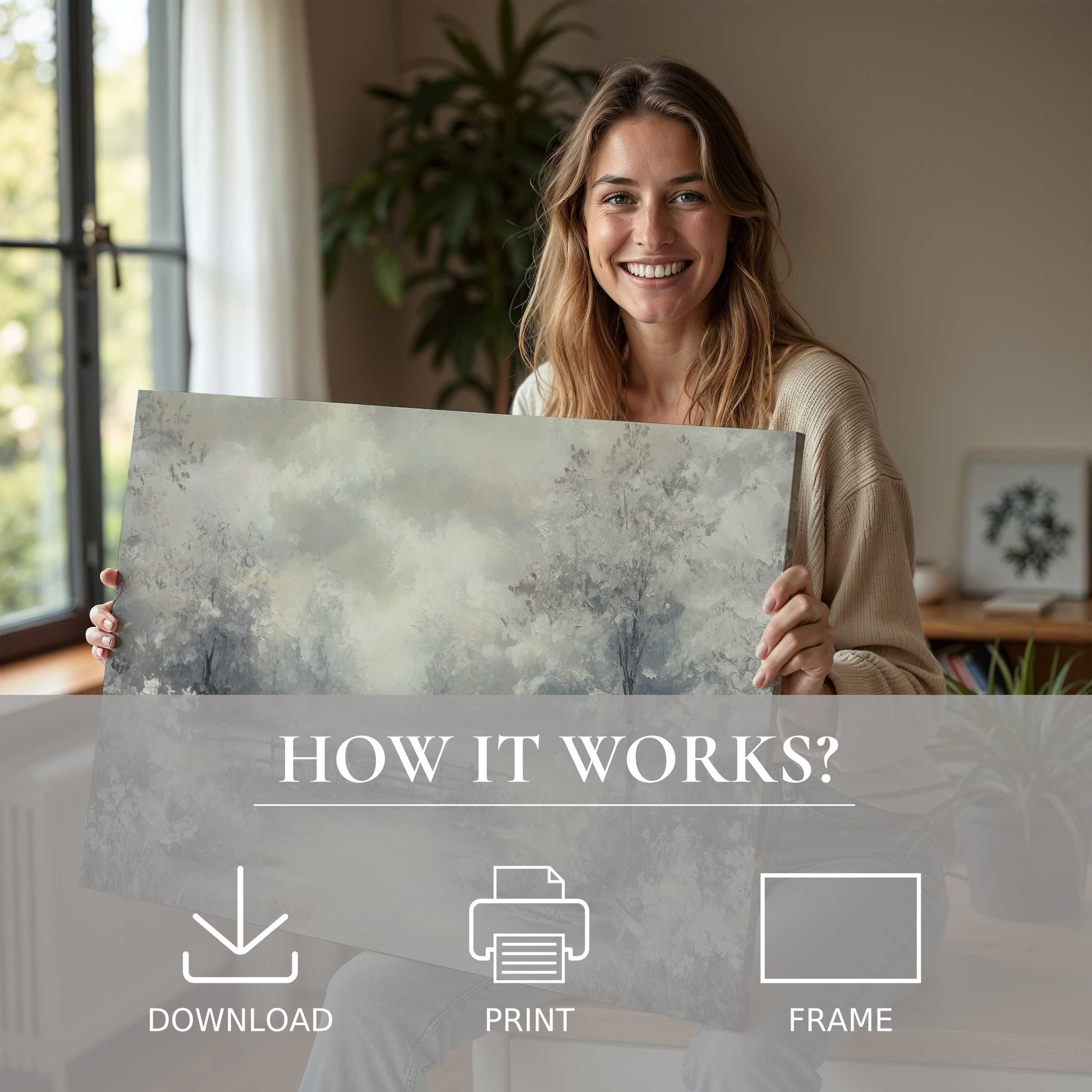 A serene moment of connection as a woman embraces a vintage digital art print, infusing her stylish home with timeless joy