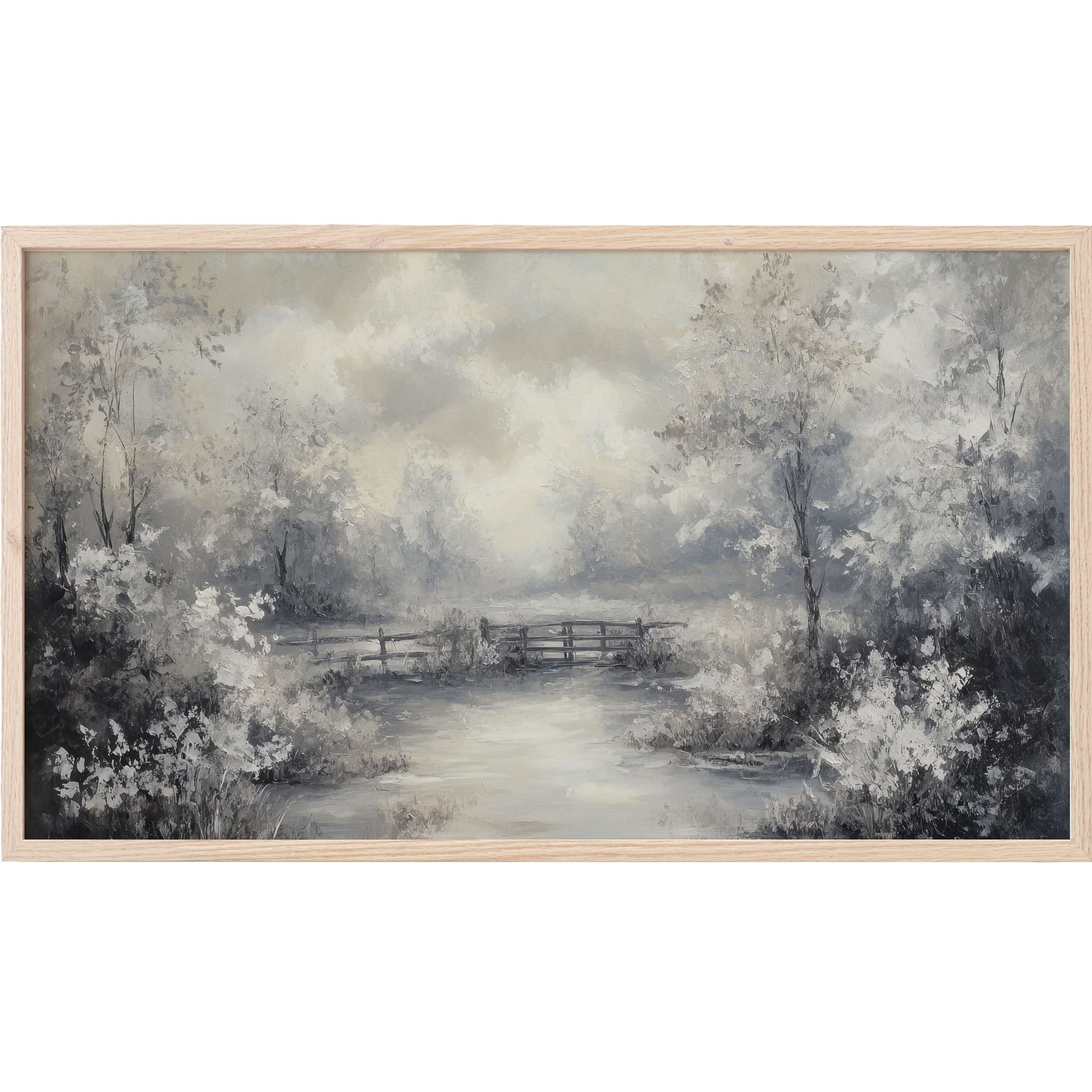 Serene landscape in muted gray tones with soft brushstrokes, framed elegantly - vintage Frame TV Art for refined spaces