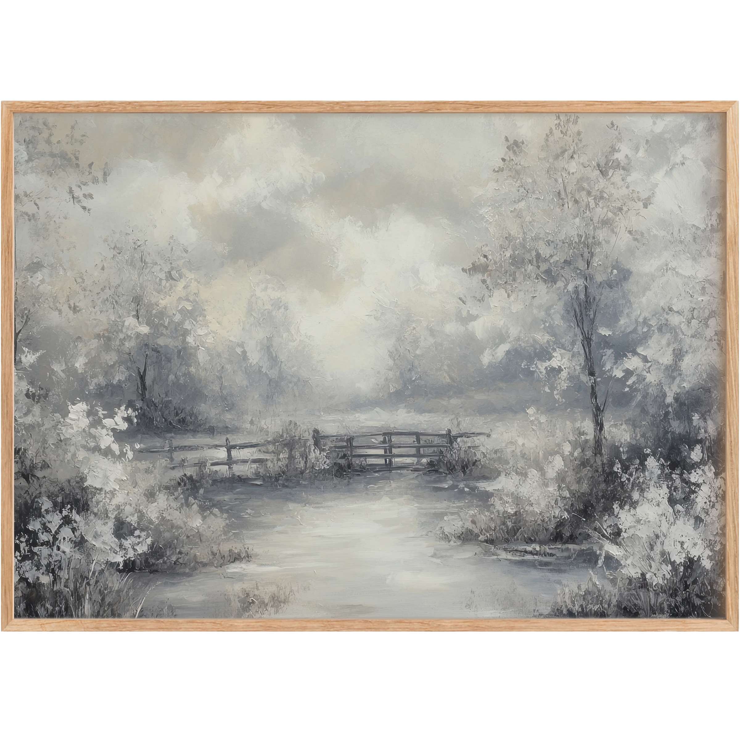Vintage printable wall art featuring a misty, serene landscape in soft grays and creams, evoking calm and timeless elegance