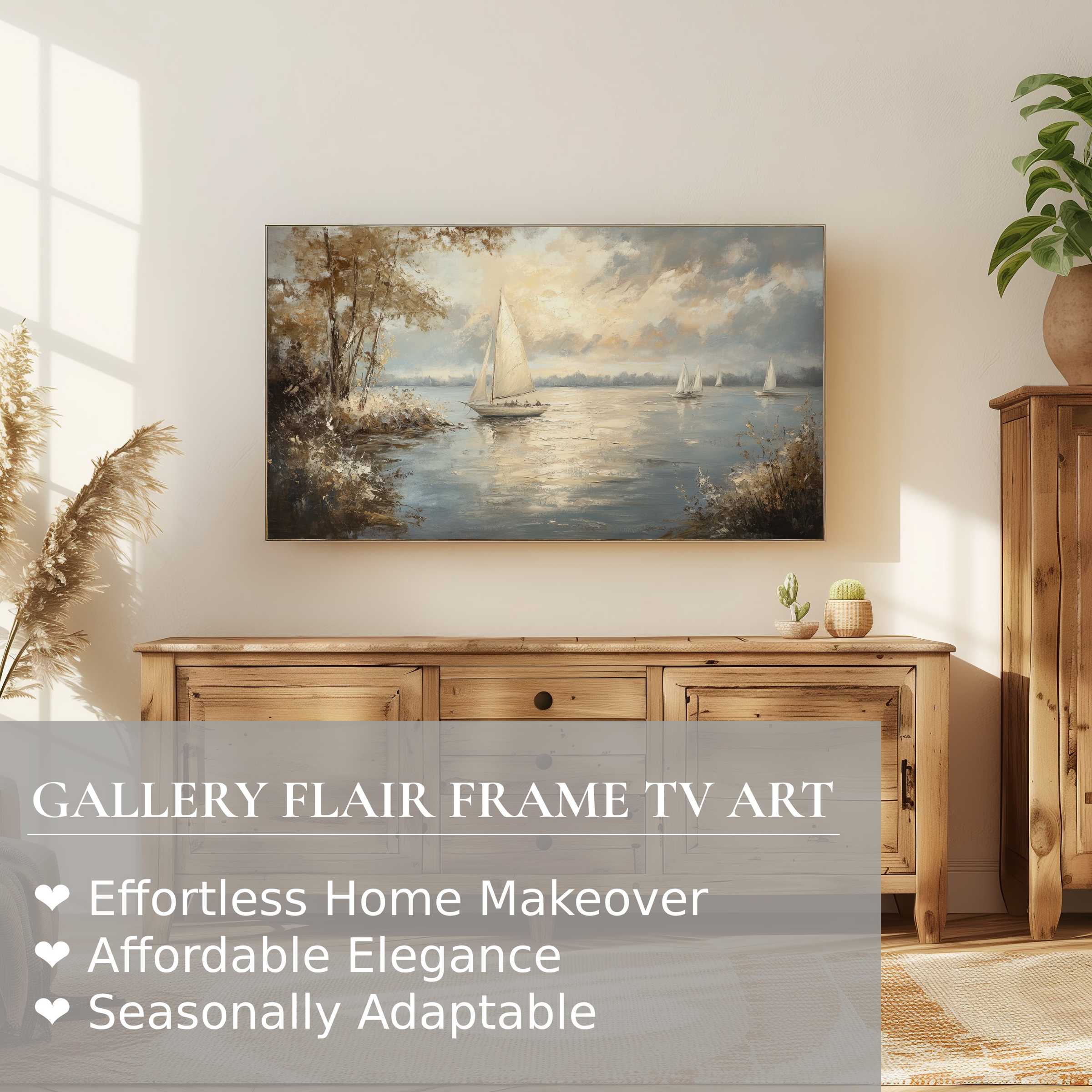 Samsung Frame TV displaying serene coastal digital artwork in a modern, warm living space with rustic wooden accents