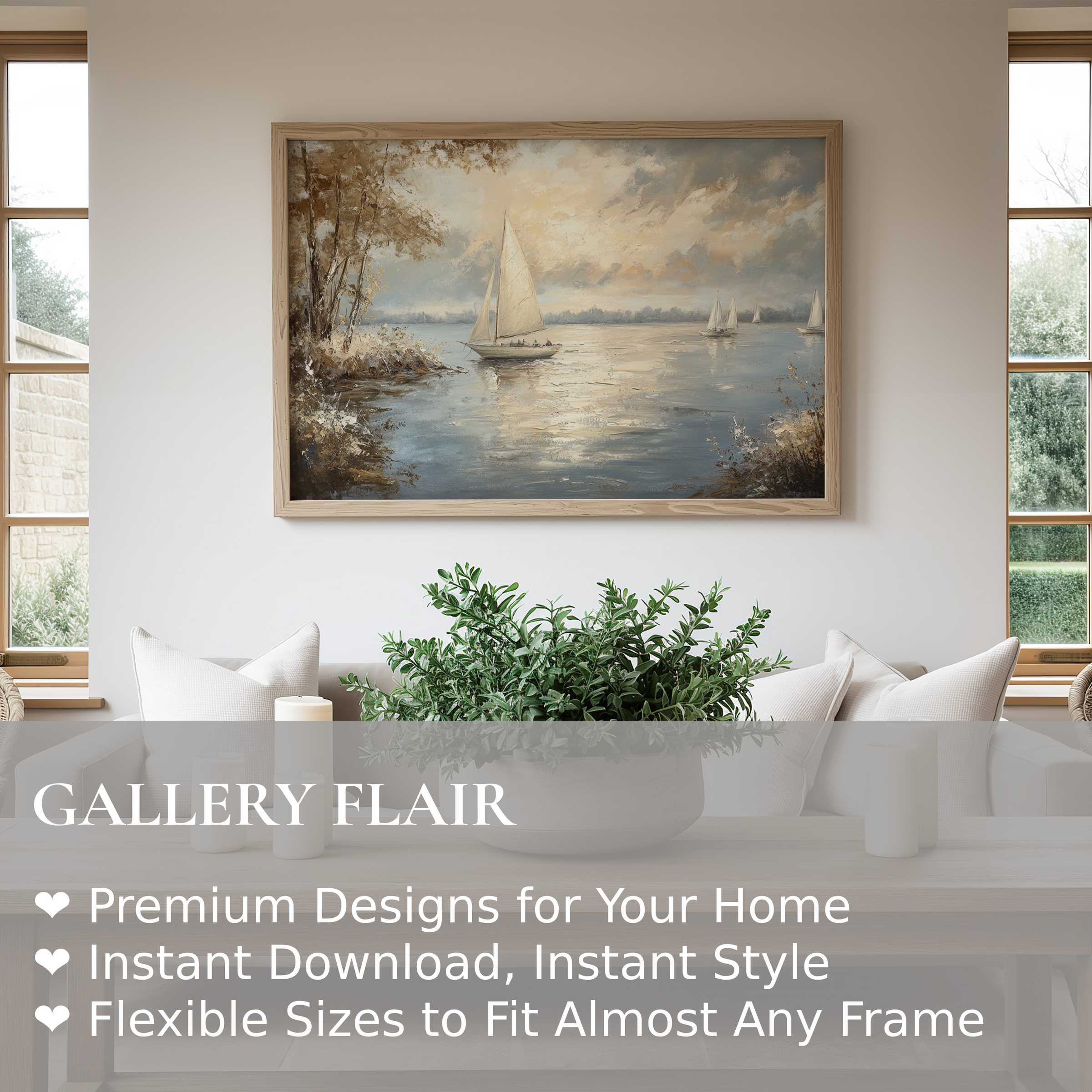 Coastal wall art print capturing serene sailboats at sunset, radiating calming elegance in a modern, airy living space