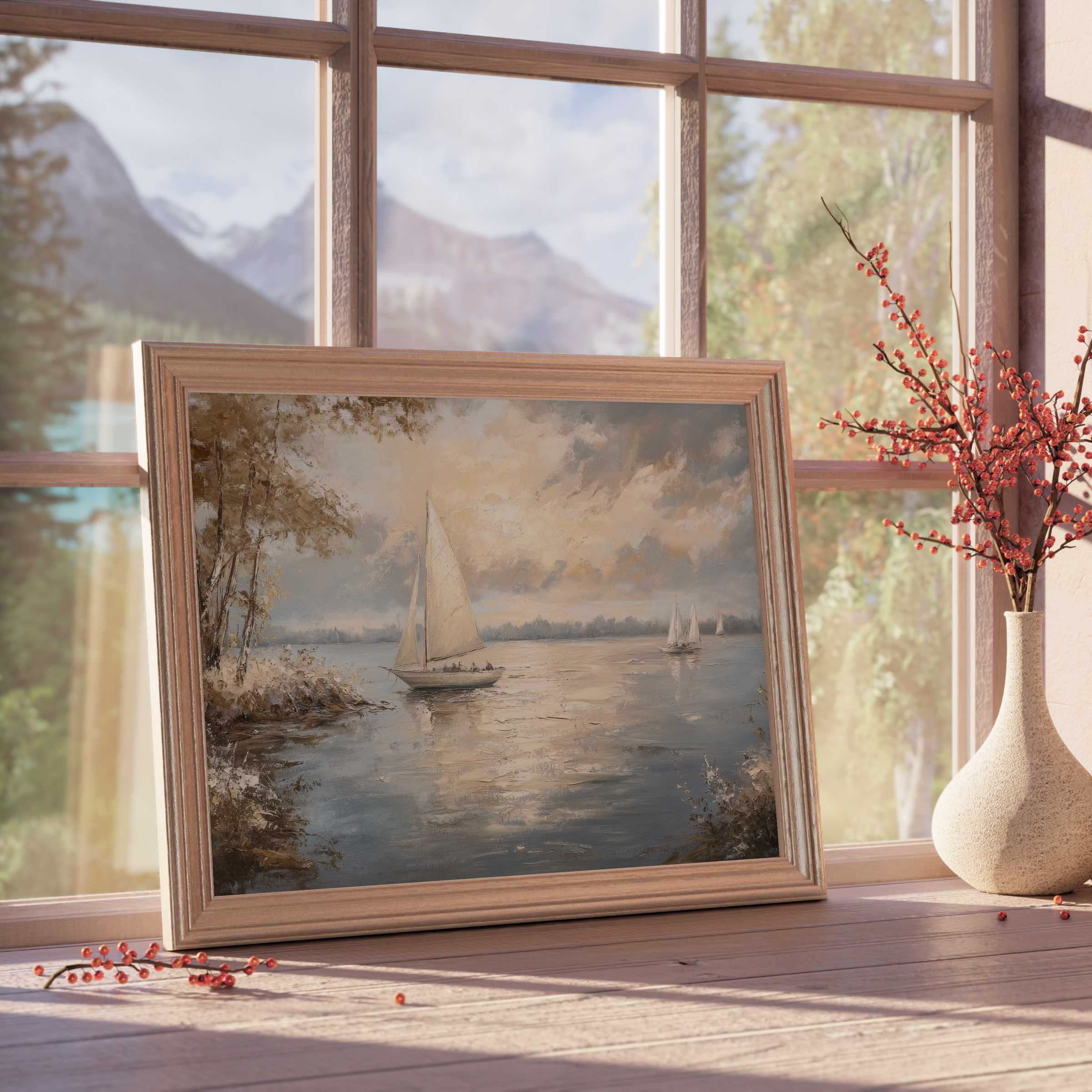 Coastal downloadable art capturing serene sailboats at dusk, enhancing curated, tranquil, and elegant home interiors with soft natural light