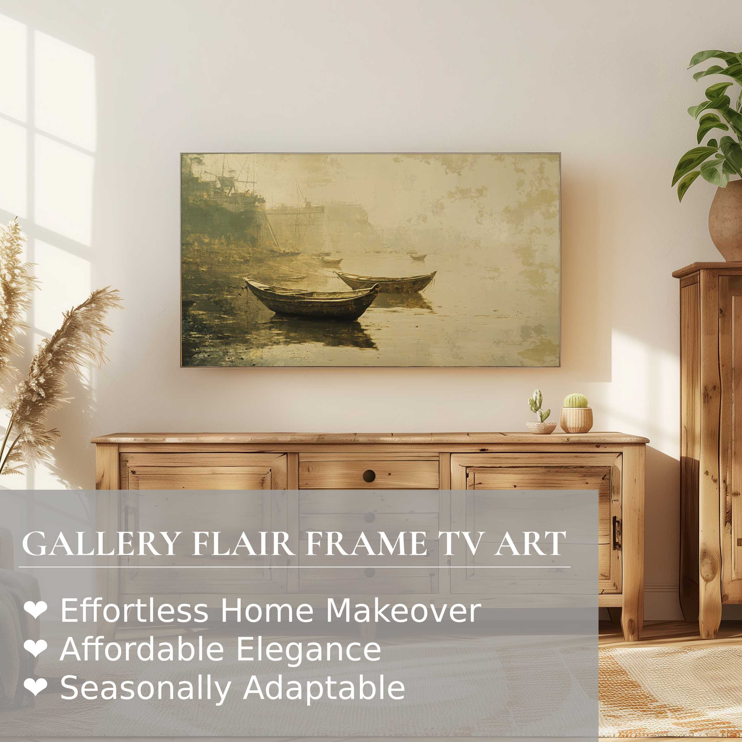 Samsung Frame TV displaying serene, muted beach digital artwork in warm, rustic-modern living room setting for refined decor