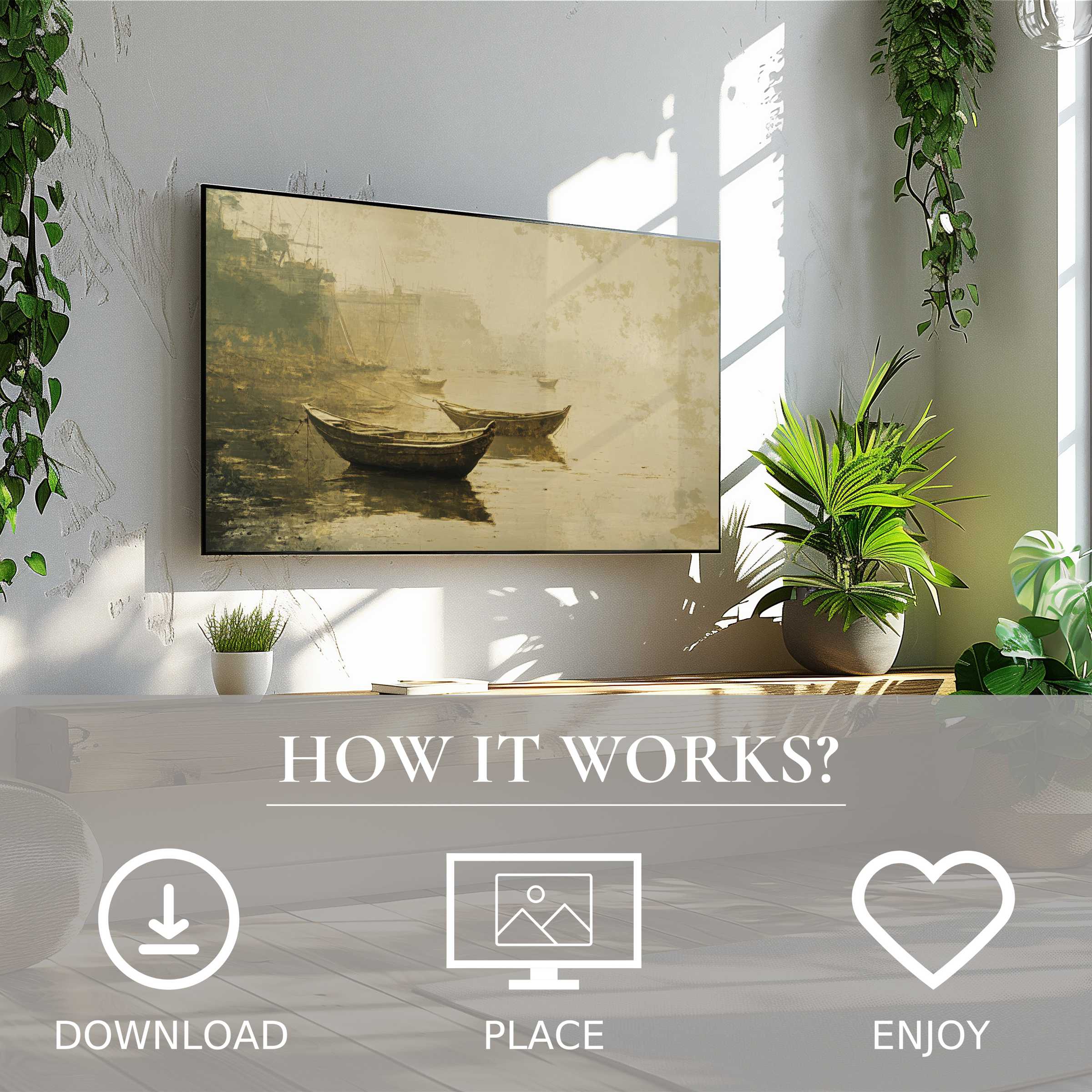 Elegant beach art for Samsung TV with soft sepia boats; simple digital download enriches modern living spaces