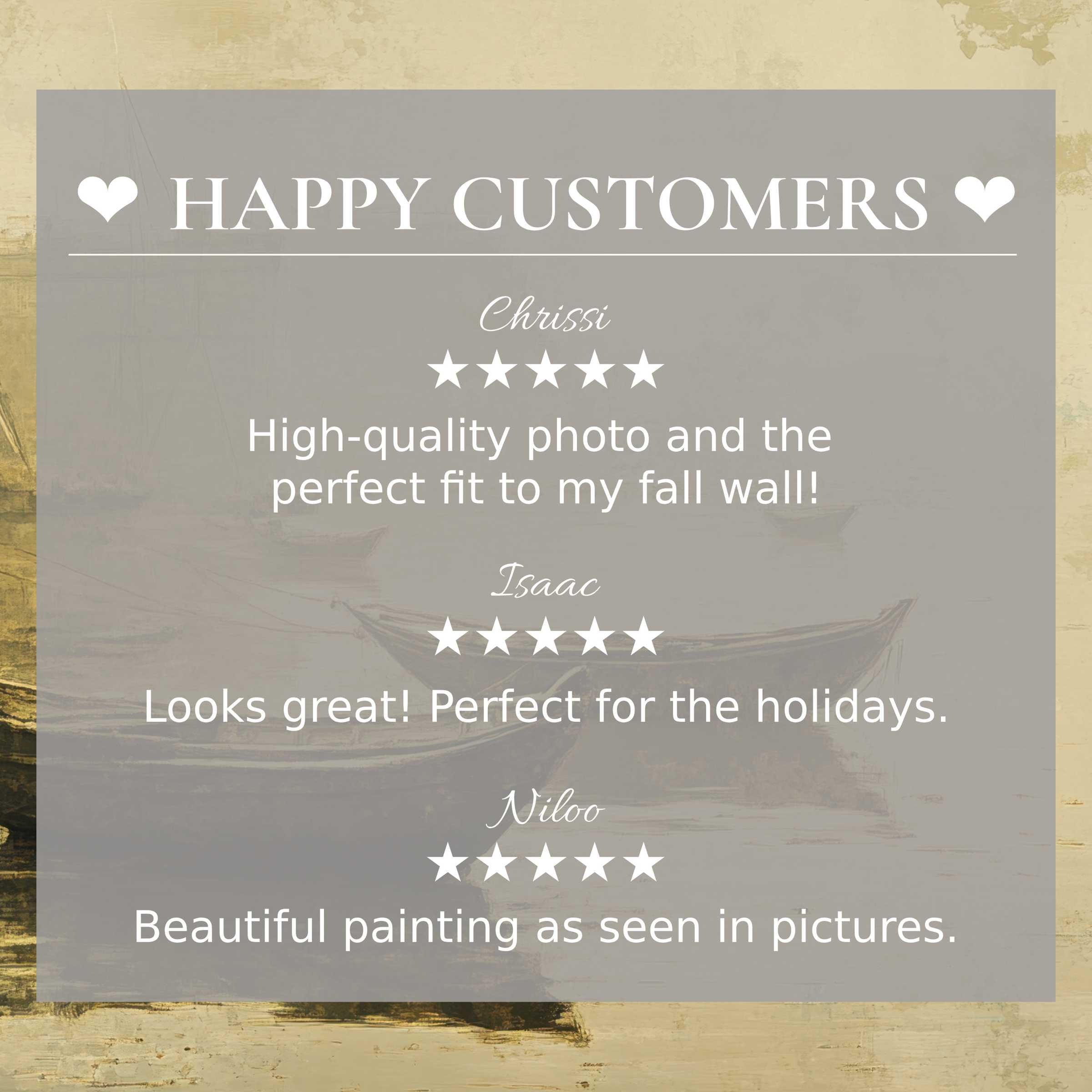 Beach art for Frame TV with subtle sandy boat hues, showcasing happy customer reviews and refined trustworthiness