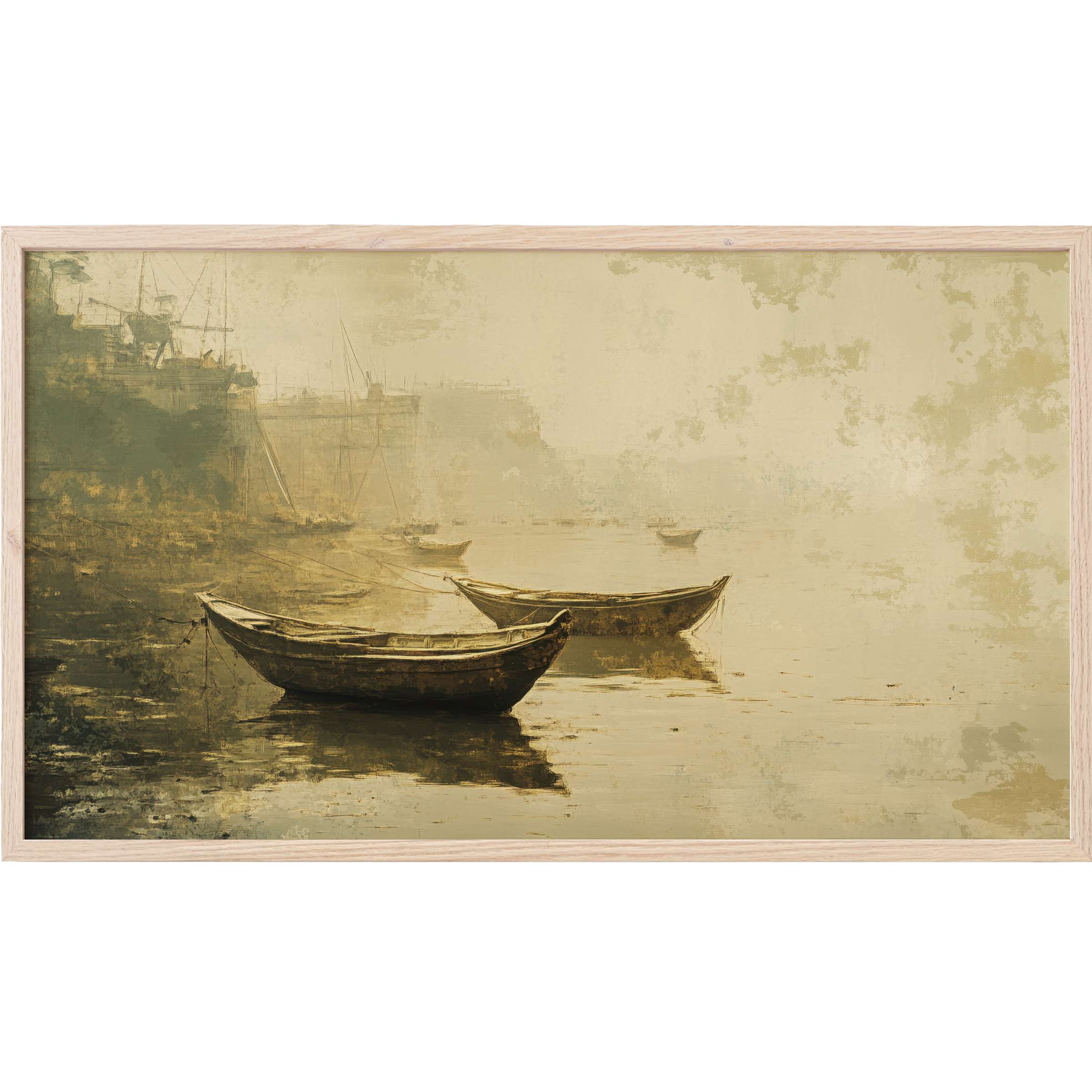 Muted sepia boats at misty shoreline in textured brushstroke style, perfect beach Frame TV Art for elegant spaces