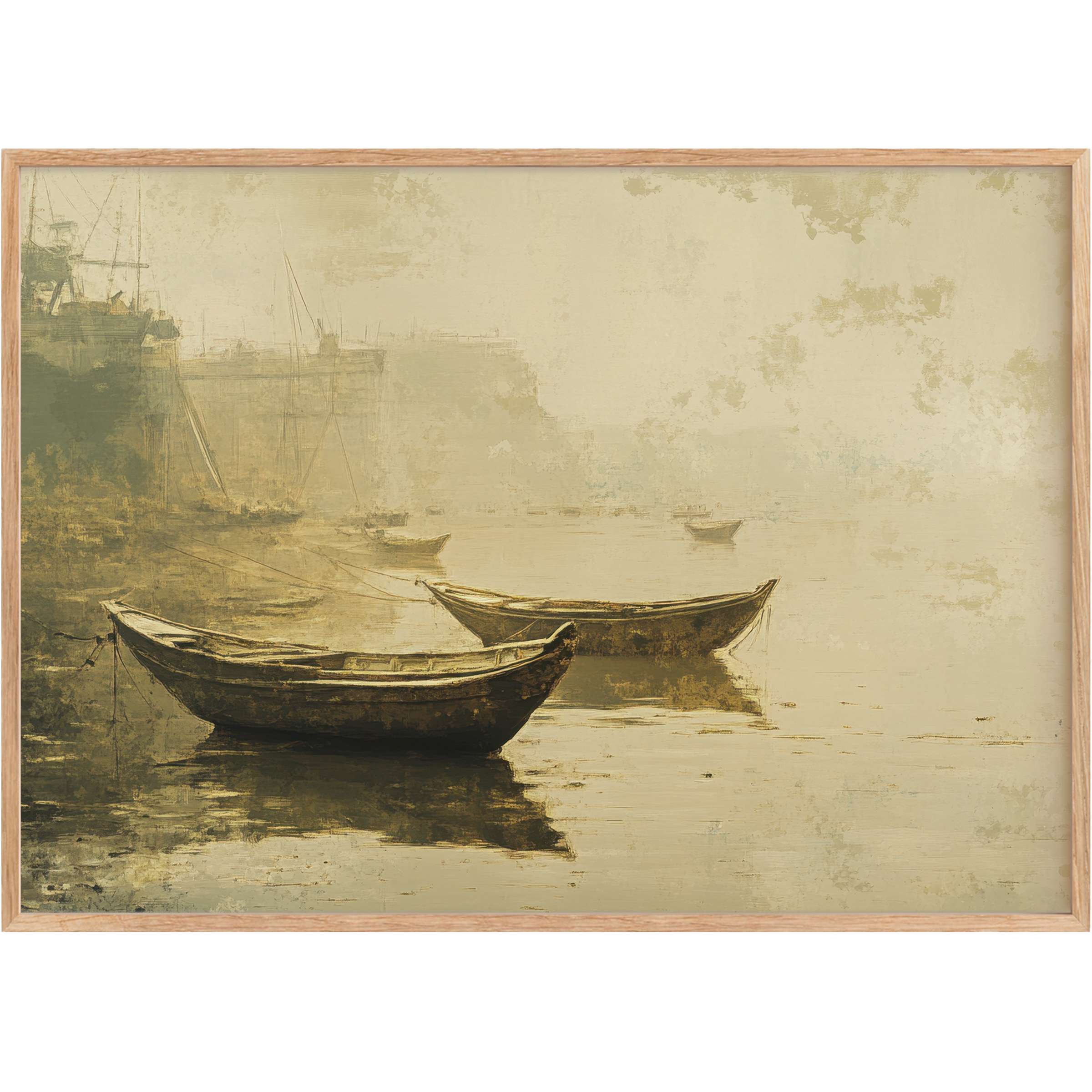 Serene beach printable wall art featuring antique boats in muted sepia tones, evoking a tranquil, timeless coastal ambiance