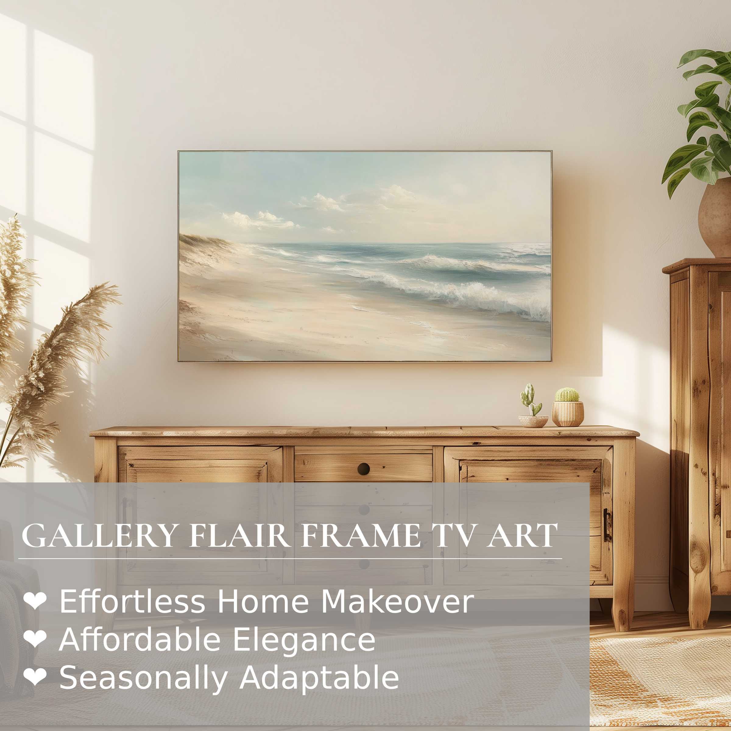 Samsung Frame TV displays serene landscape digital artwork in a modern living room with warm, natural decor