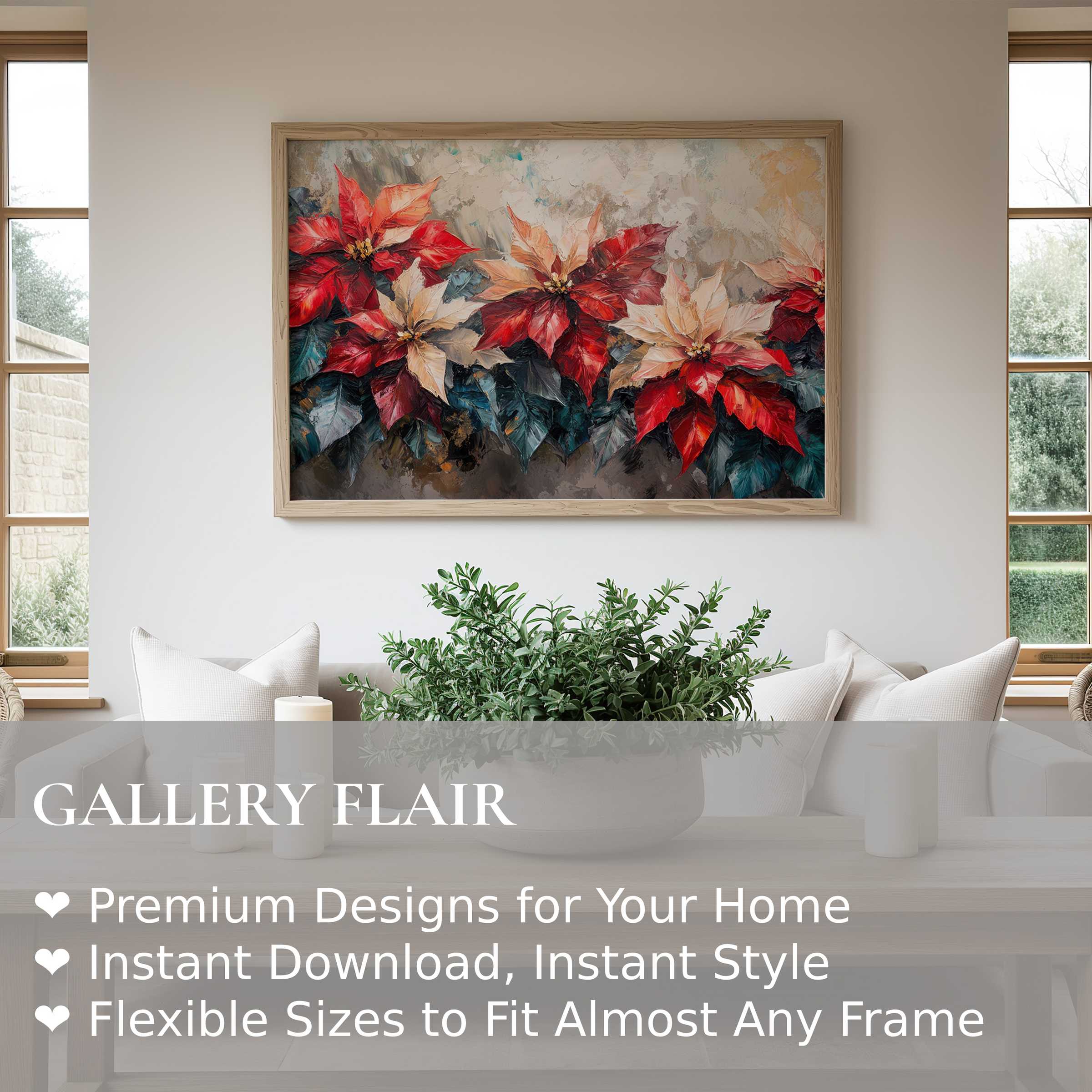 Botanical wall art print featuring vibrant red and cream poinsettias with lush green leaves, adding a radiant, modern touch to minimalist interiors