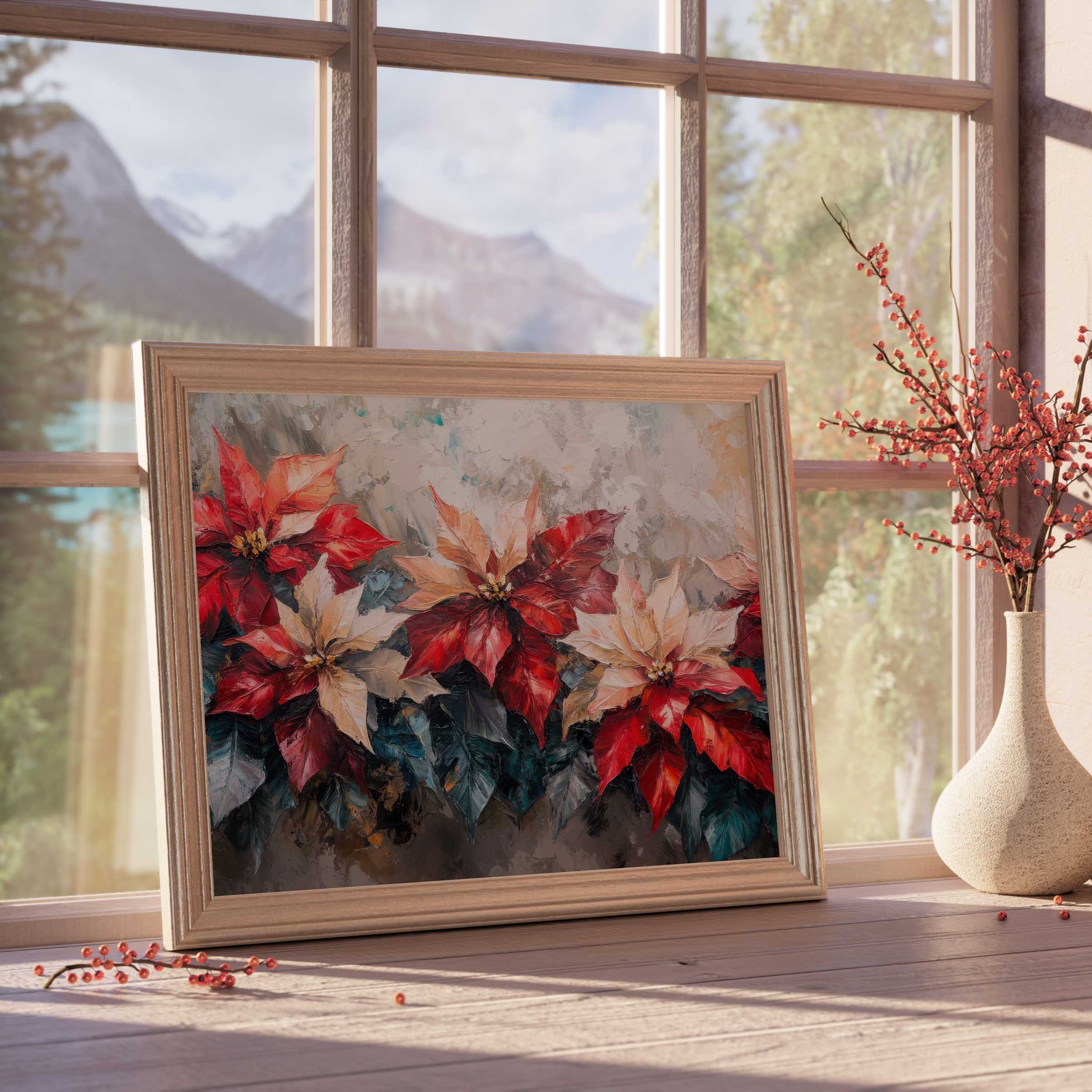 Botanical downloadable art of vibrant poinsettias in a warm wood frame, enriching tranquil, curated spaces with seasonal elegance