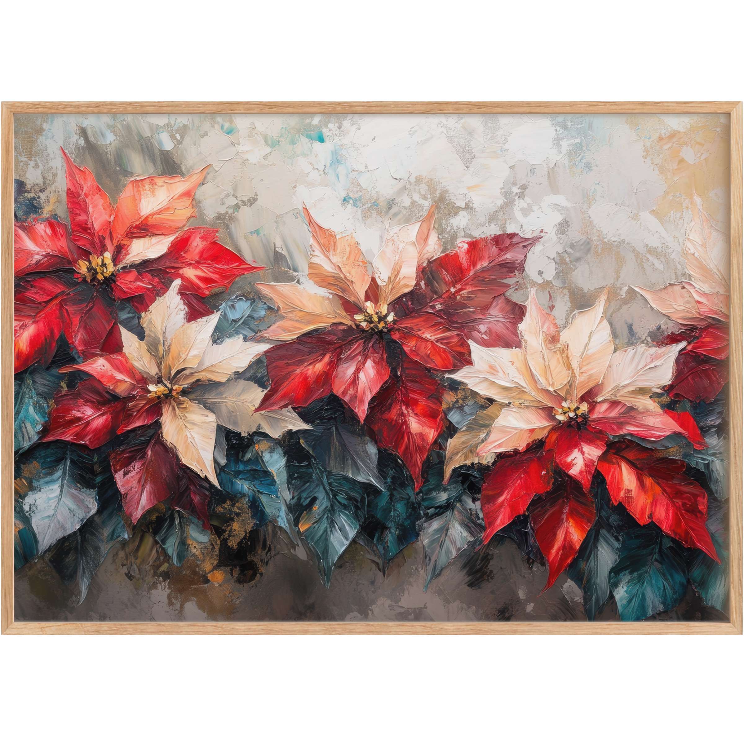 Richly textured botanical printable wall art featuring bold red and cream poinsettias set against deep teal foliage, radiating warmth and refined elegance