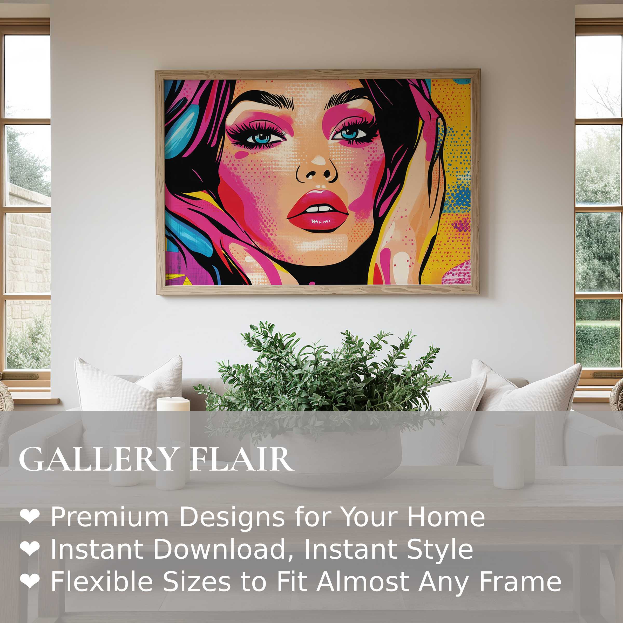 Bold pop art wall art print featuring vibrant pinks and blues, elevating minimalist modern interiors with radiant, expressive flair