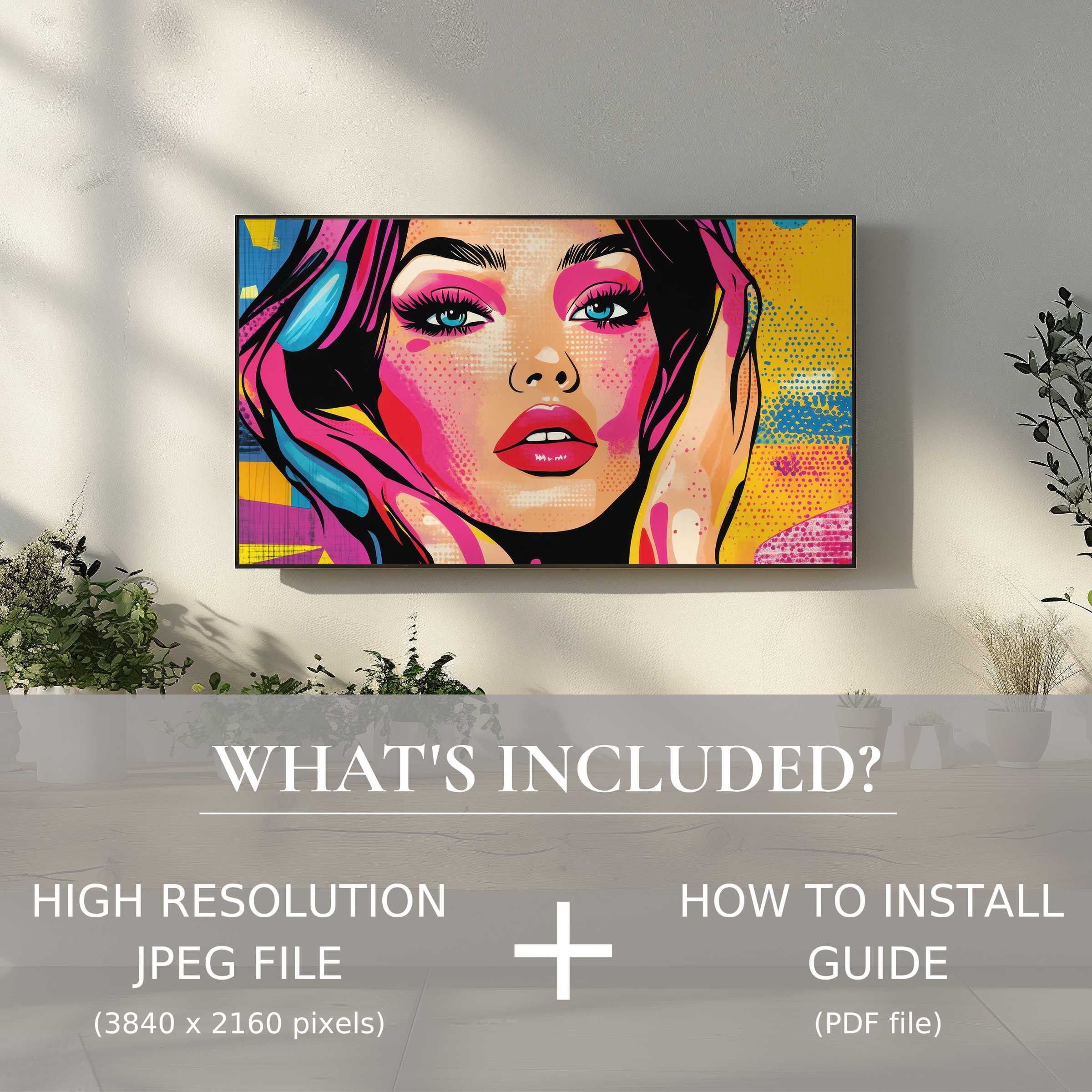 Stylish living with pop art digital TV art download, easily enhancing your space via high-res digital file use