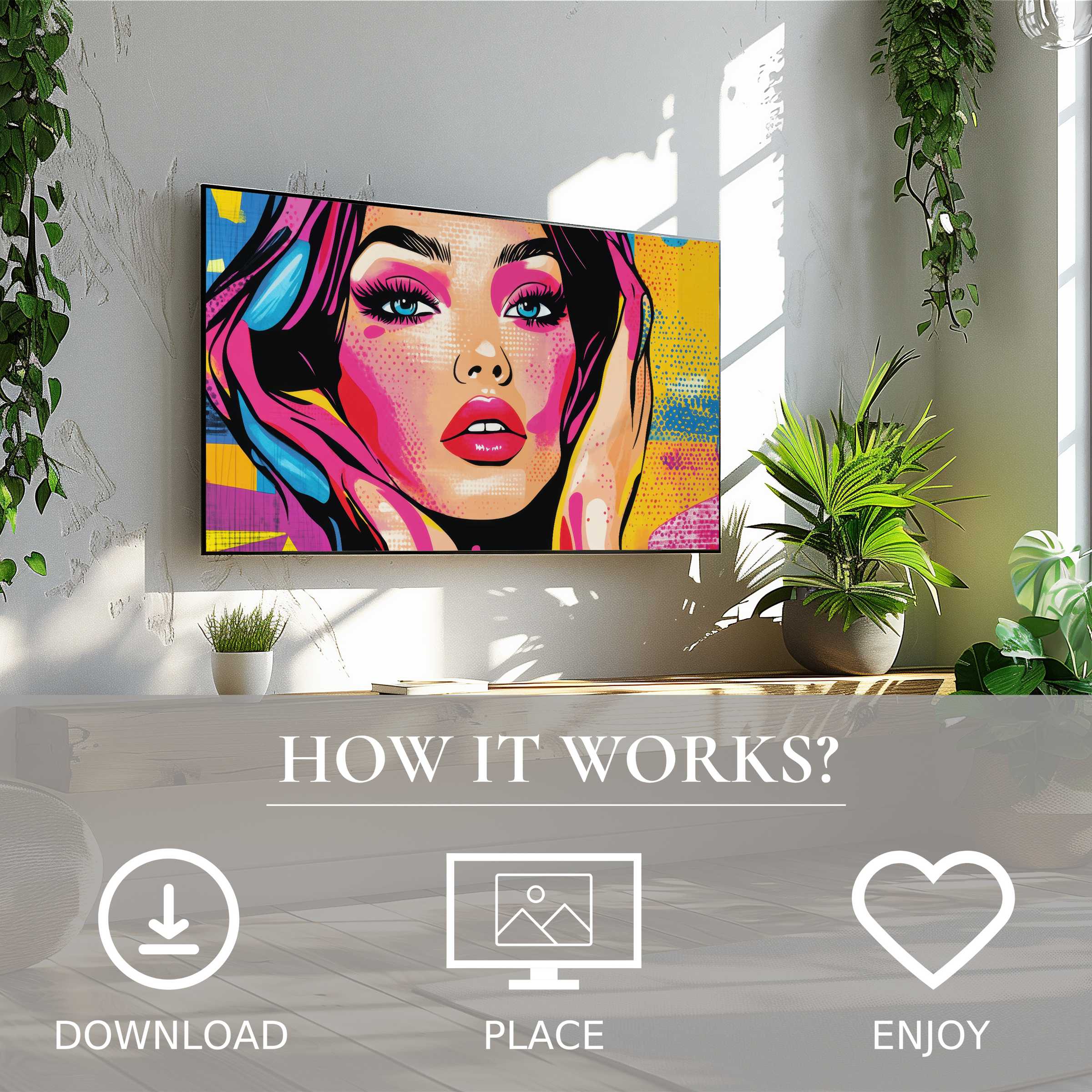 Pop art art for Samsung TV showing vibrant color flow Easy digital download enriches your modern living space