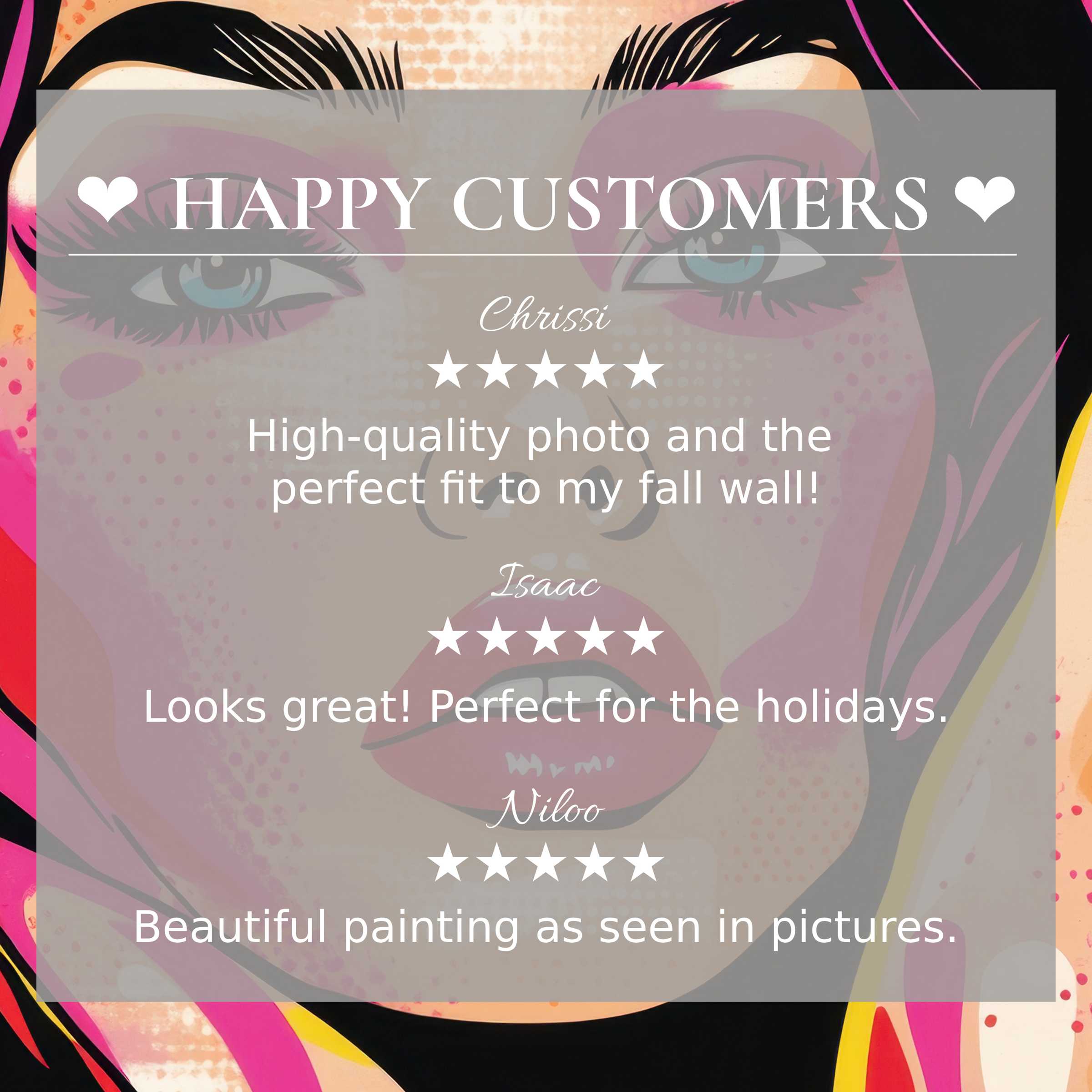 Pop art for Frame TV with abstract sunset hues, showcasing happy customer reviews and elegant, trusted design