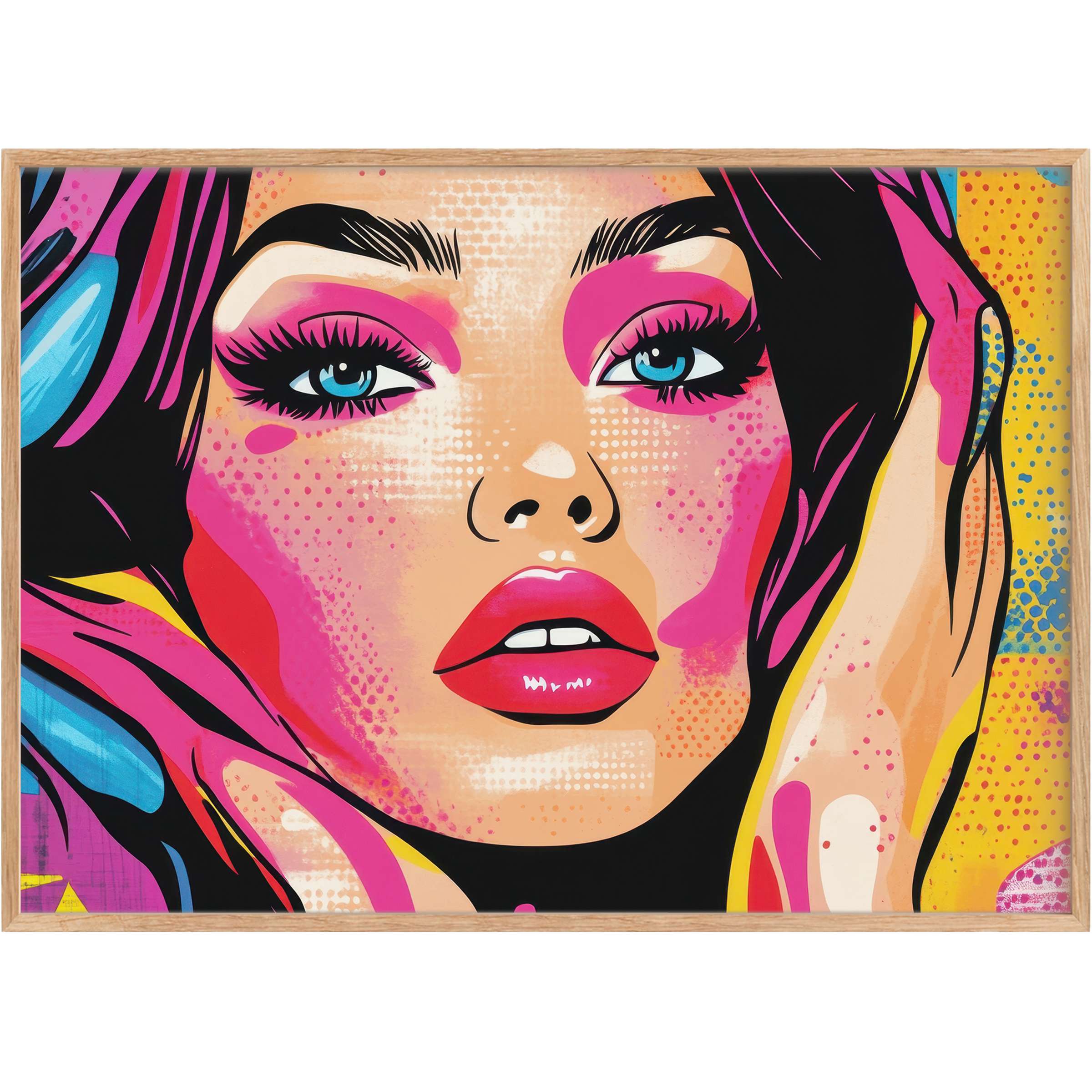 Vivid pop art printable wall art capturing radiant confidence with bold pinks, blues, and yellows to energize any modern space
